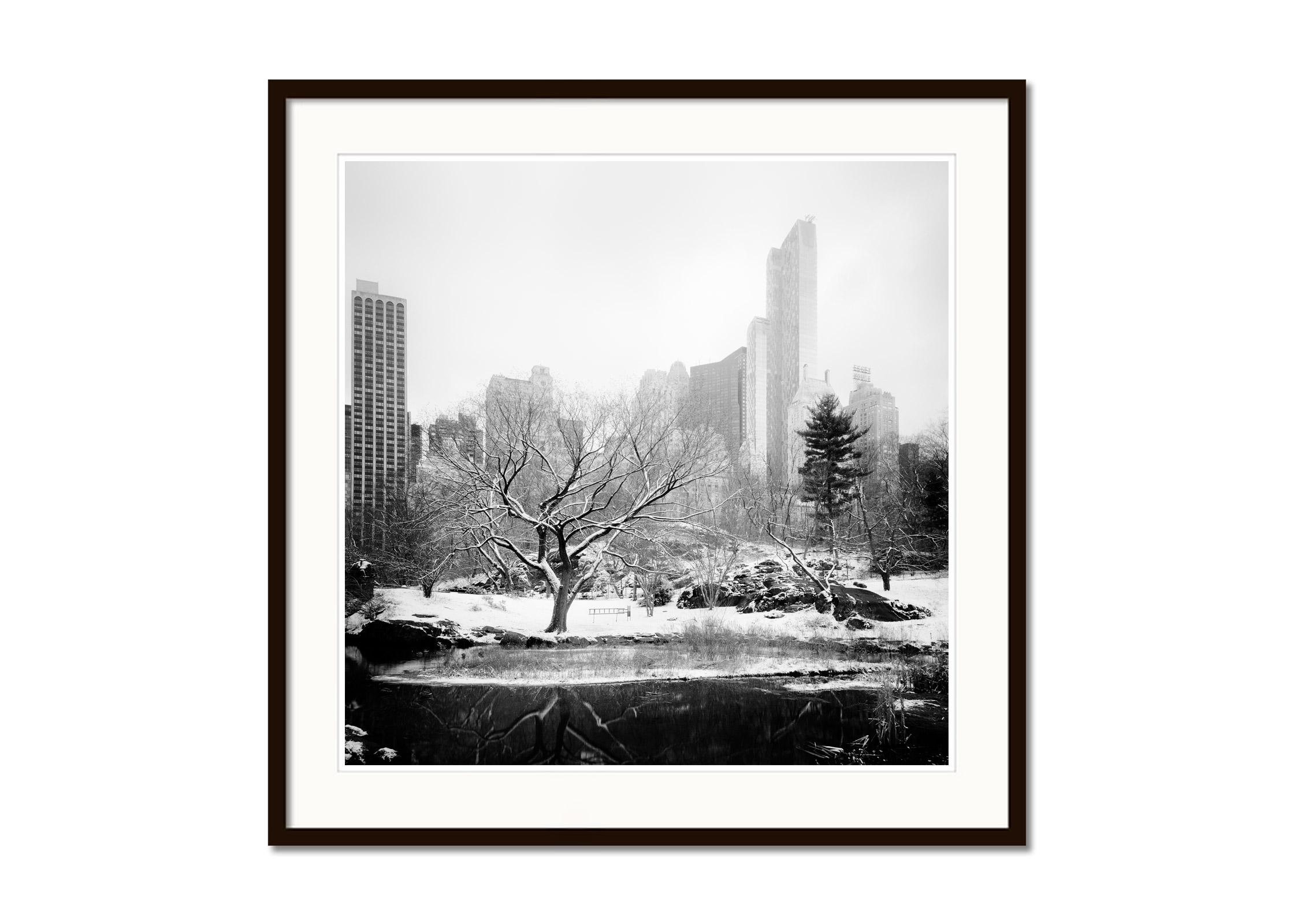 Central Park enneigé, New York City, photographie noir et blanc, paysage urbain - Gris Black and White Photograph par Gerald Berghammer