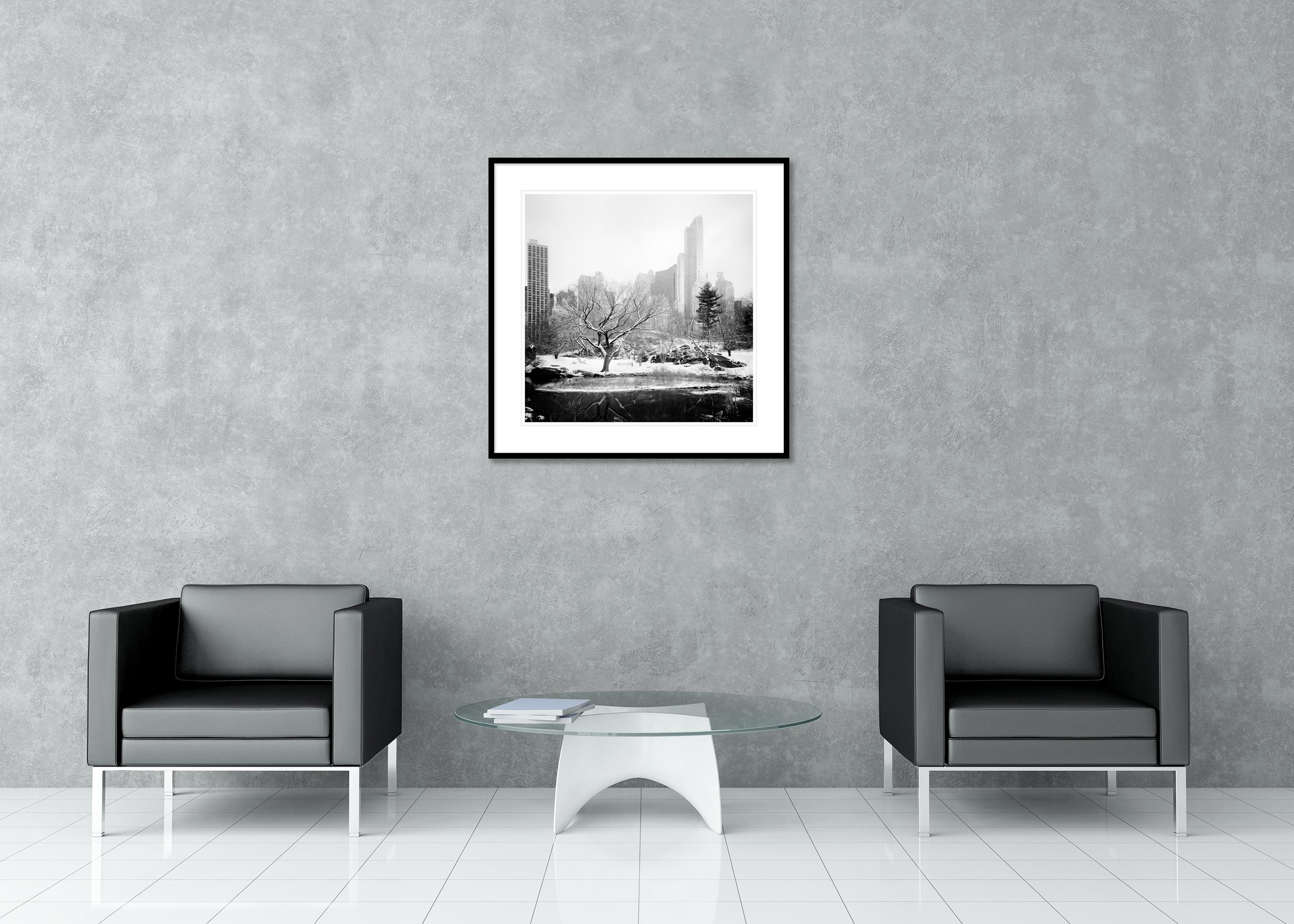 Snow covered Central Park, New York City, black and white photography, cityscape - Gray Landscape Photograph by Gerald Berghammer