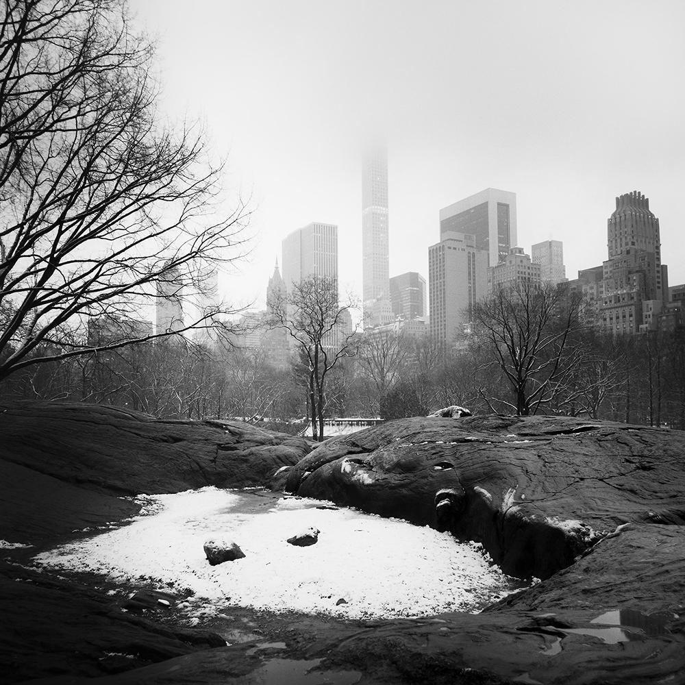 Snow Covered Central Park, New York City, black and white photography, cityscape