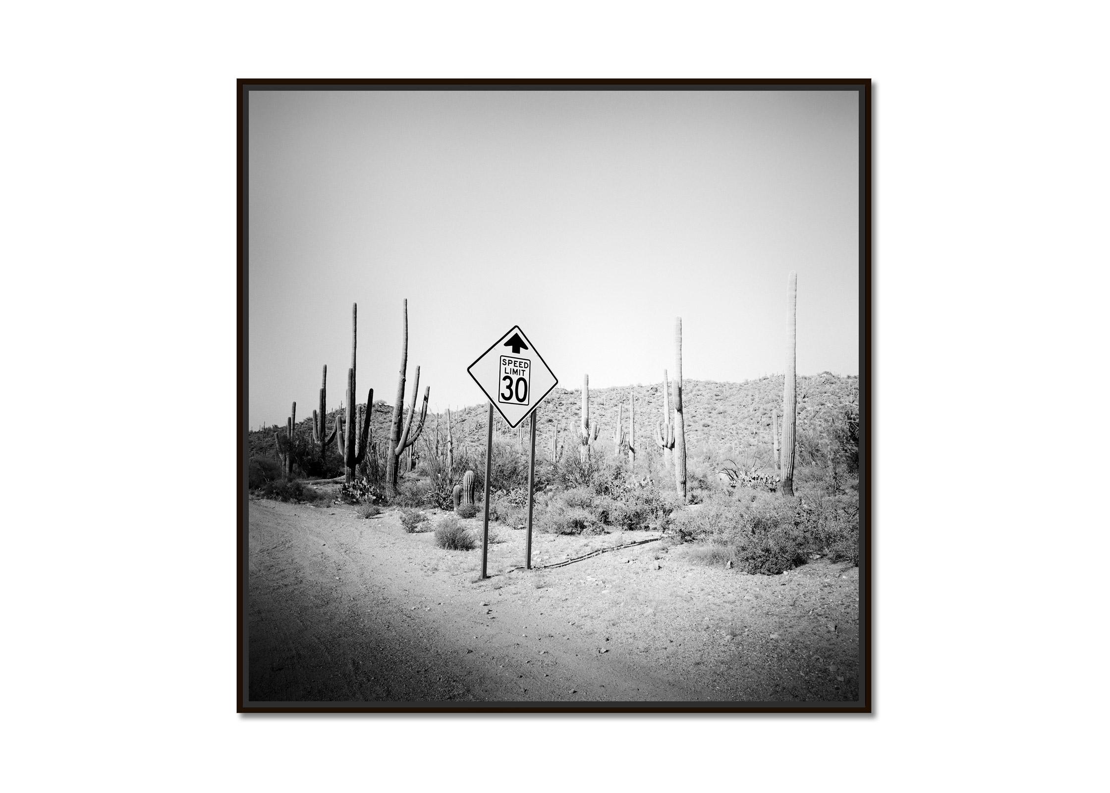 Speed Limit, Desert, Cactus, Arizona, black and white art landscape photography - Photograph by Gerald Berghammer