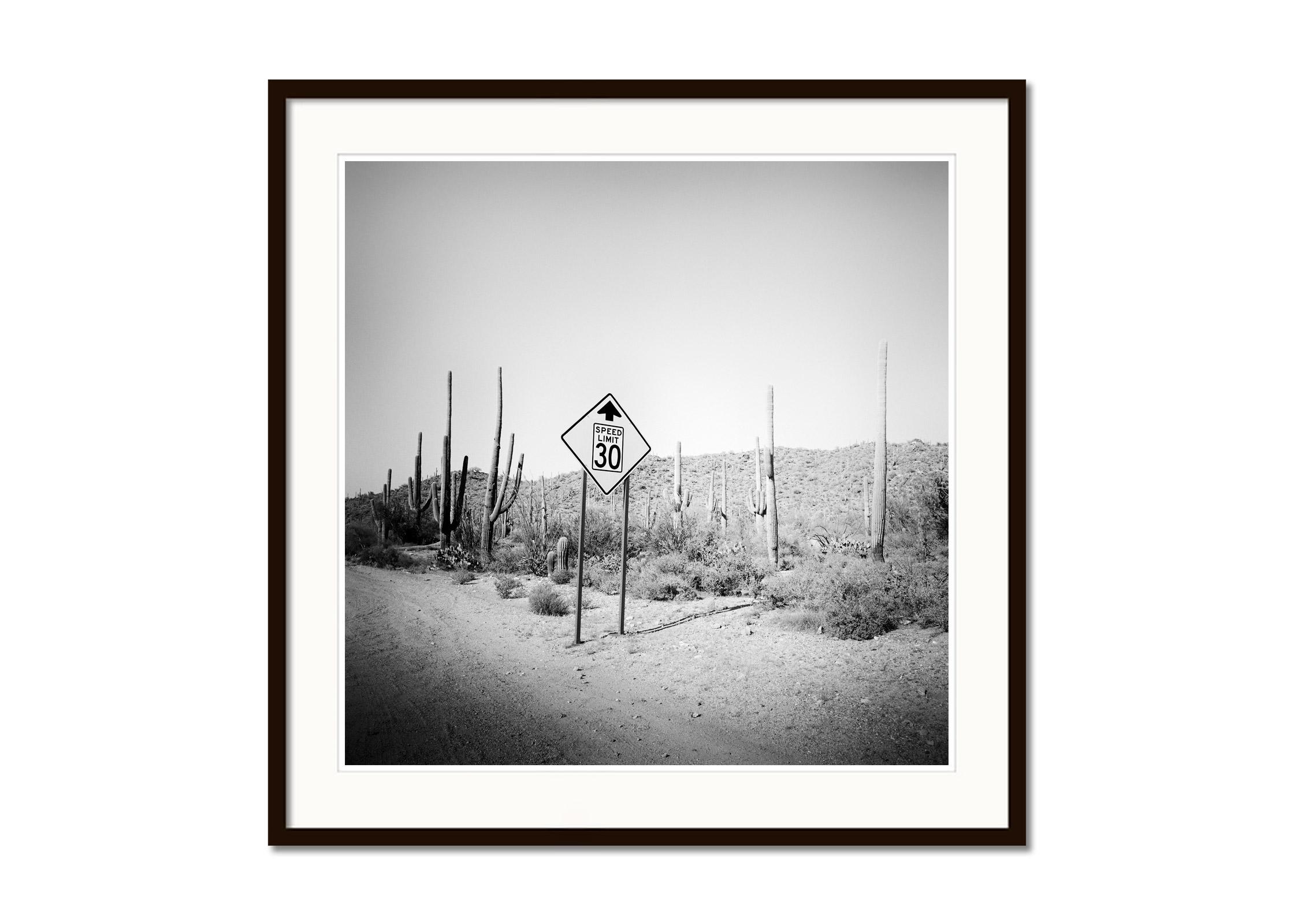 Speed Limit, Desert, Cactus, Arizona, black and white art landscape photography - Gray Black and White Photograph by Gerald Berghammer