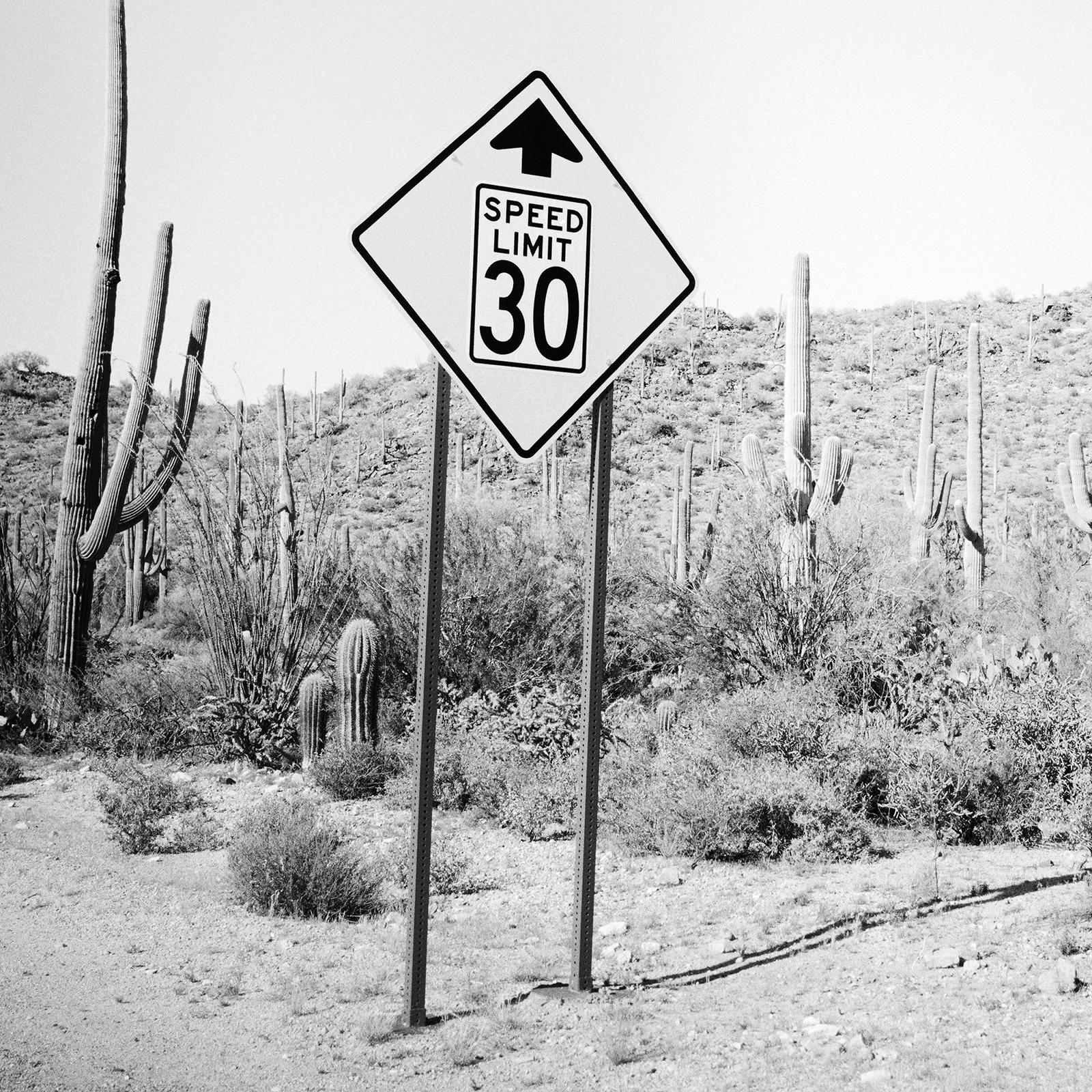 Speed Limit, Desert, Cactus, Arizona, black and white art landscape photography For Sale 4