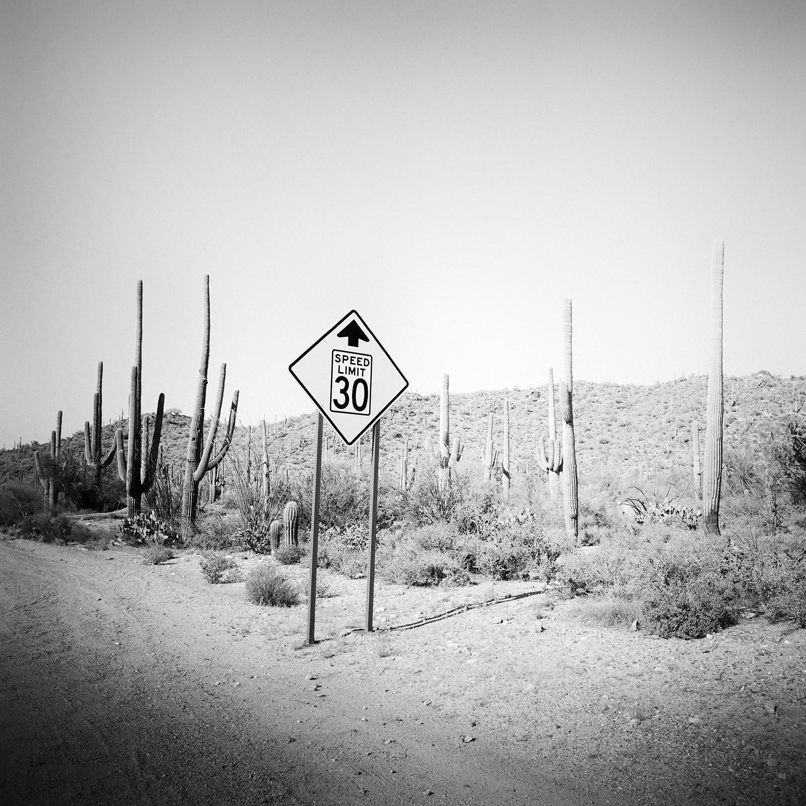 Speed Limit, Wüste, Kakteen, Arizona, Schwarz-Weiß-Kunst-Landschaftsfotografie