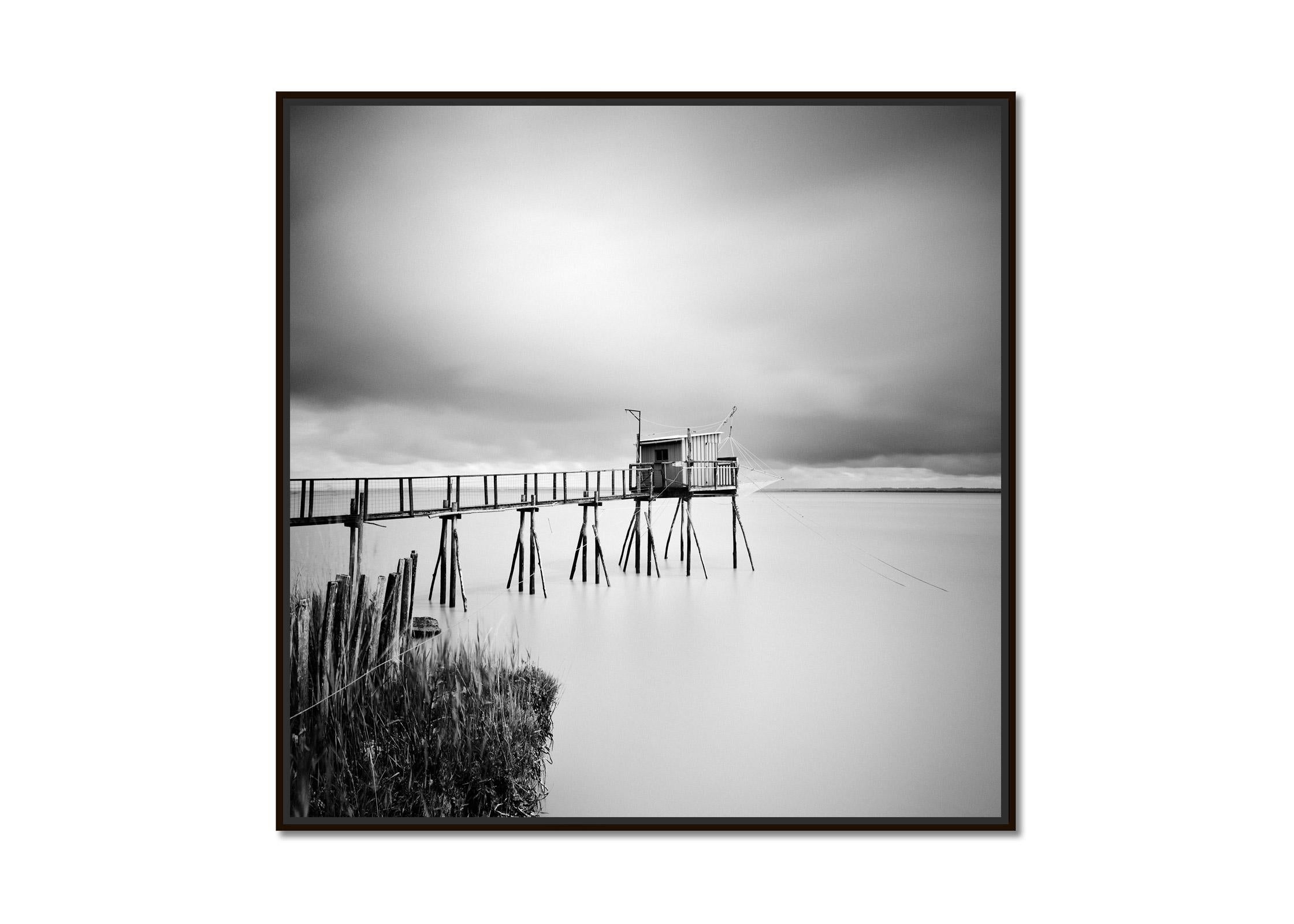 Stilt House, carrelet, fishing, France, black and white photography, landscape - Photograph by Gerald Berghammer
