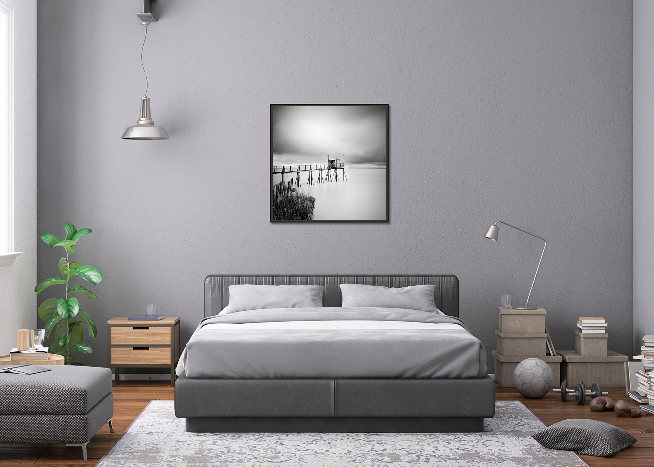 Stilt House, carrelet, fishing, France, black and white photography, landscape - Gray Landscape Photograph by Gerald Berghammer