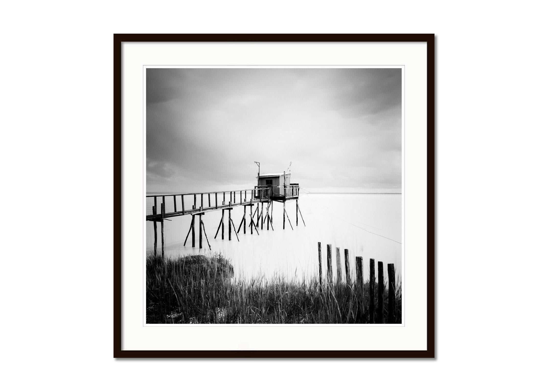 Stilt House, Fishing, France, long exposure, black and white, photography, print - Gray Landscape Photograph by Gerald Berghammer