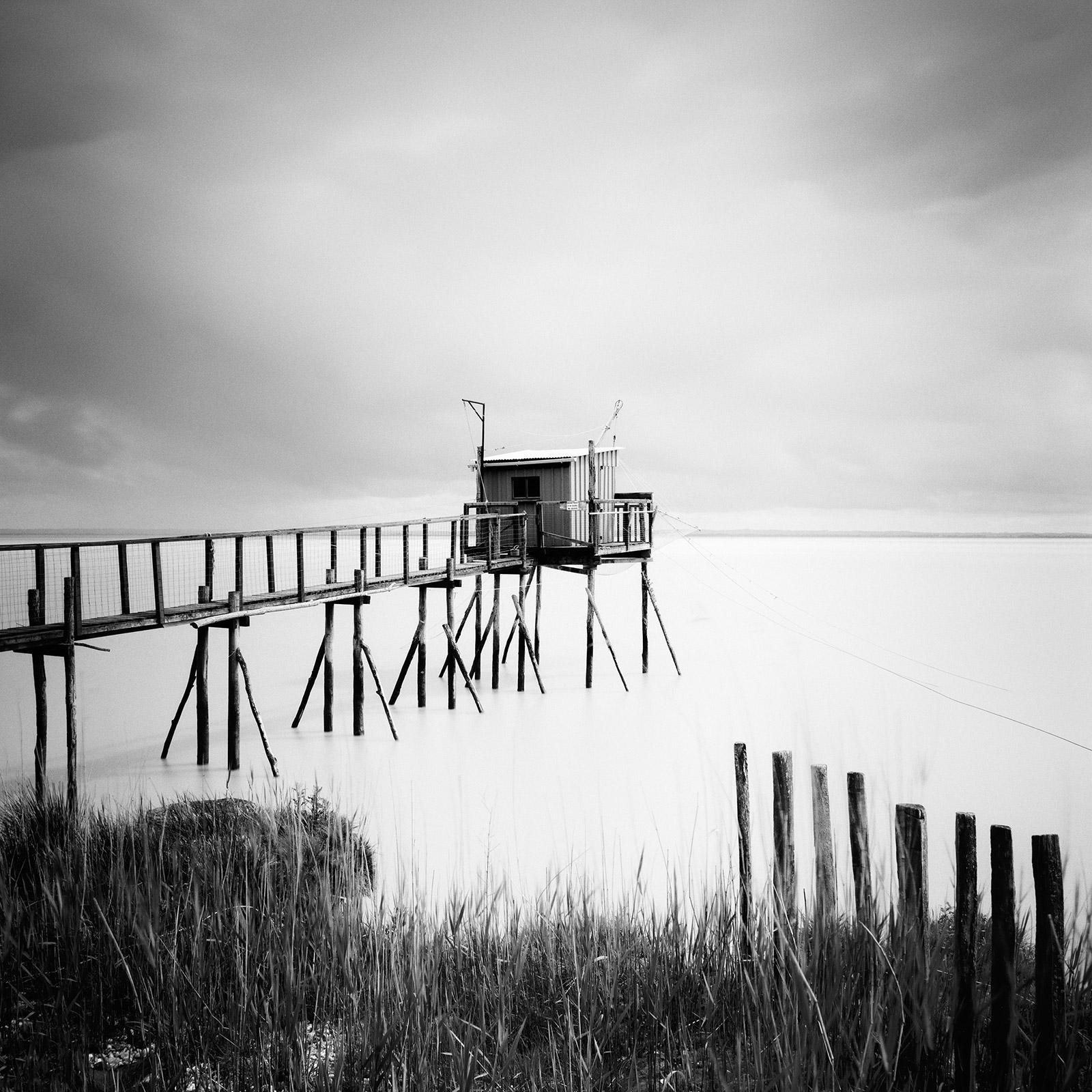 Gerald Berghammer Landscape Photograph - Stilt House, Fishing, France, long exposure, black and white, photography, print