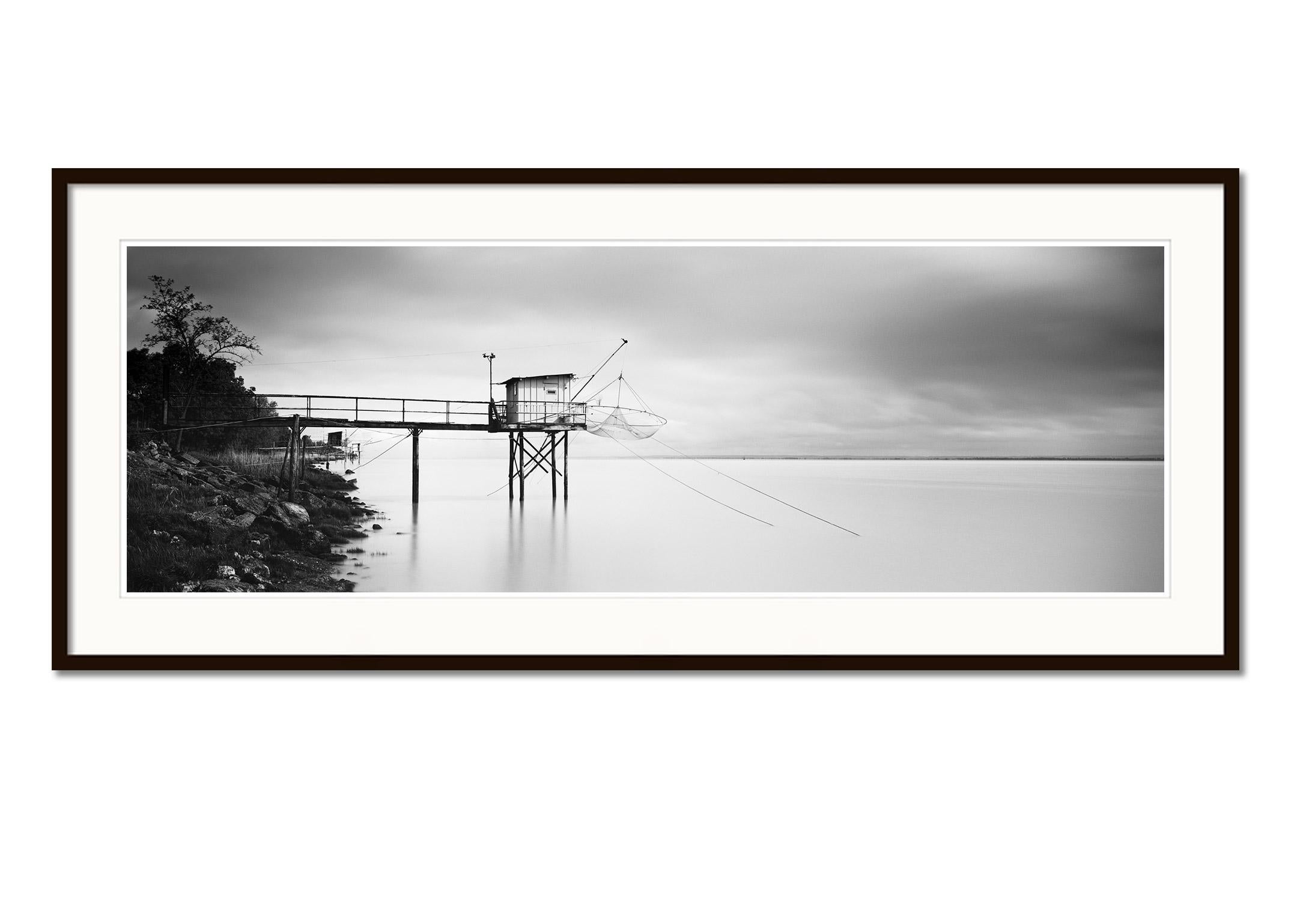 Stilt House Panorama, Fishing, Storm, black white fineart landscape photography - Gray Black and White Photograph by Gerald Berghammer