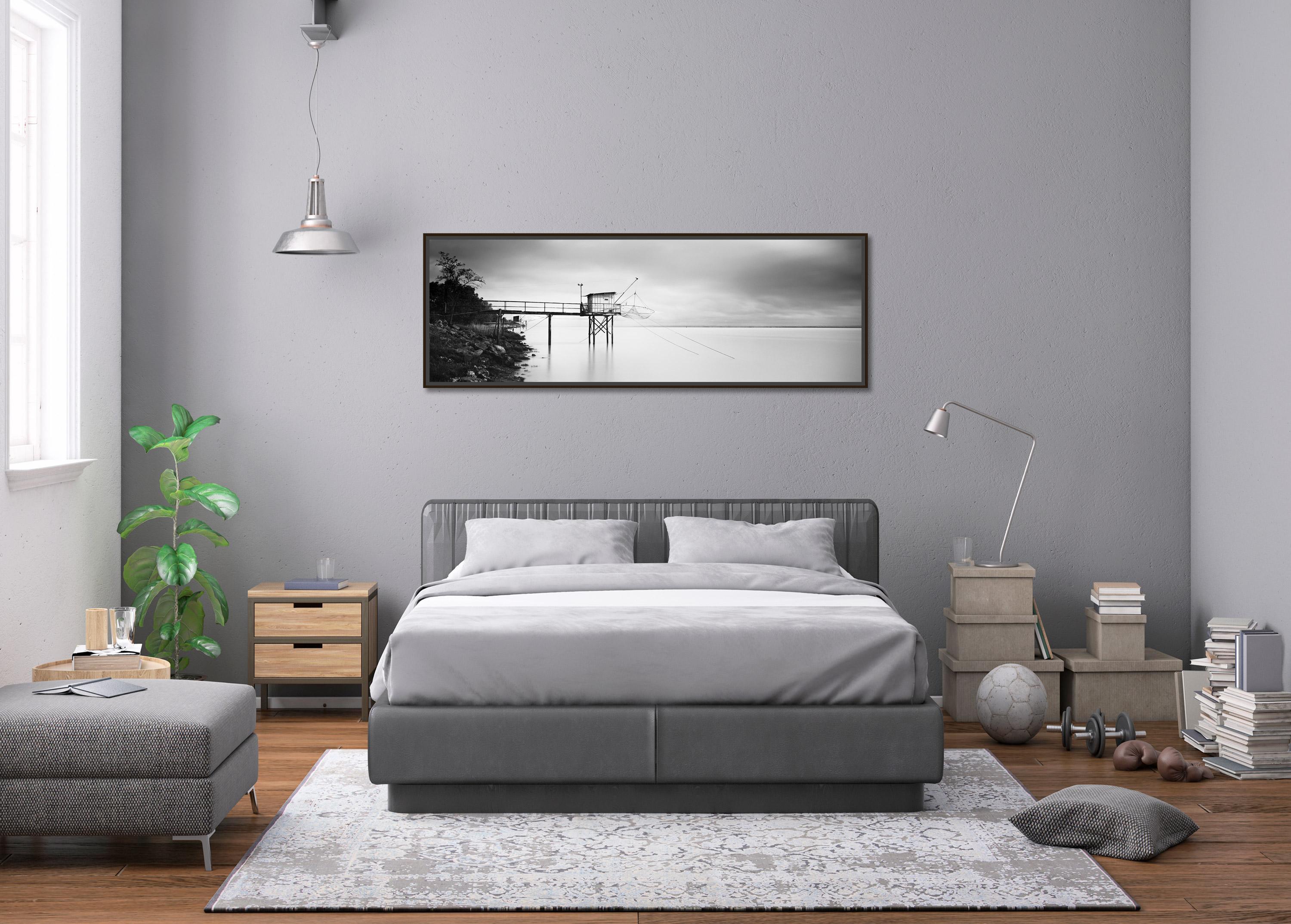 Stilt House Panorama, Fishing, Storm, black white fineart landscape photography For Sale 1