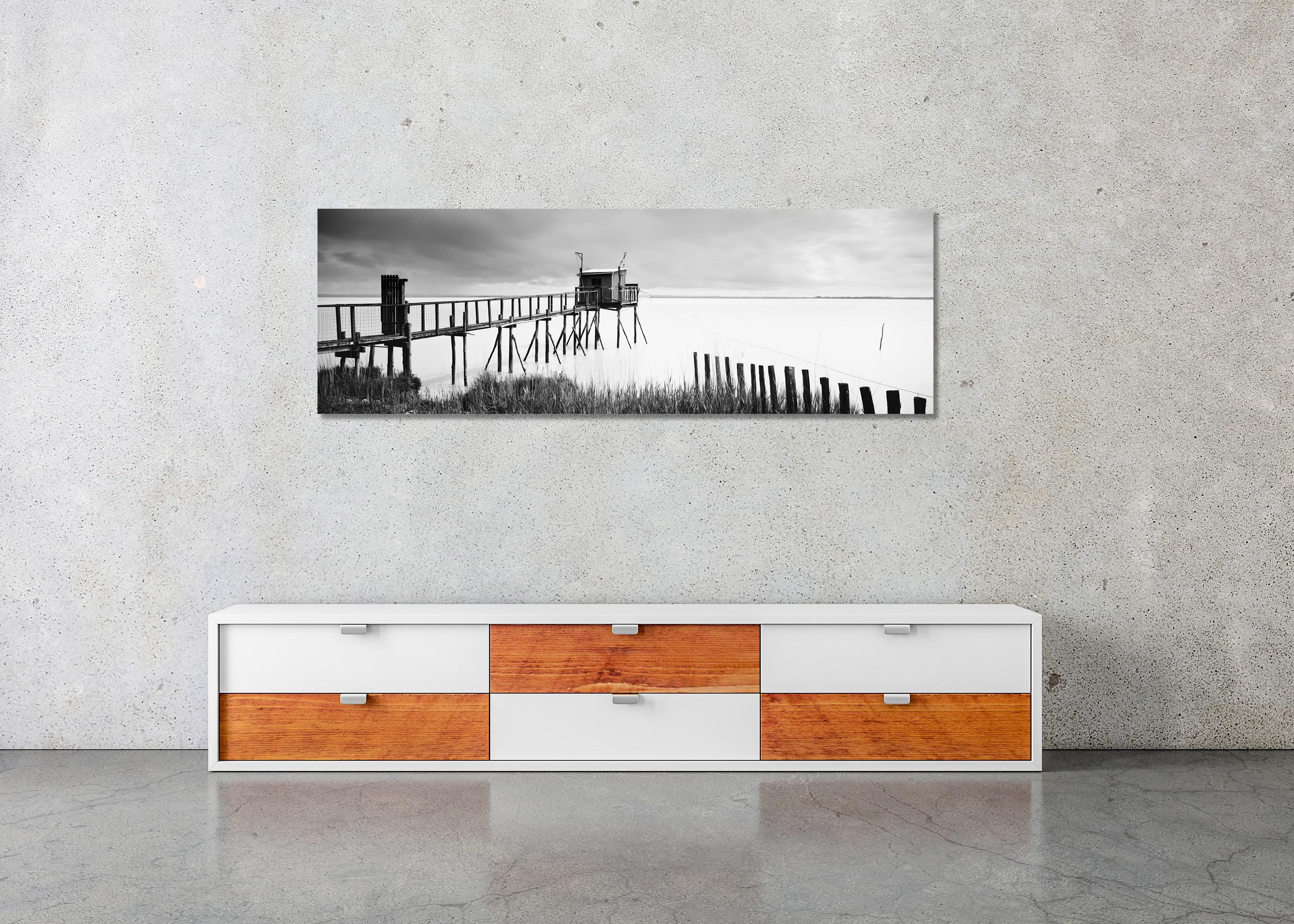 Stilt House panorama loire fishing France black white landscape art photography For Sale 1