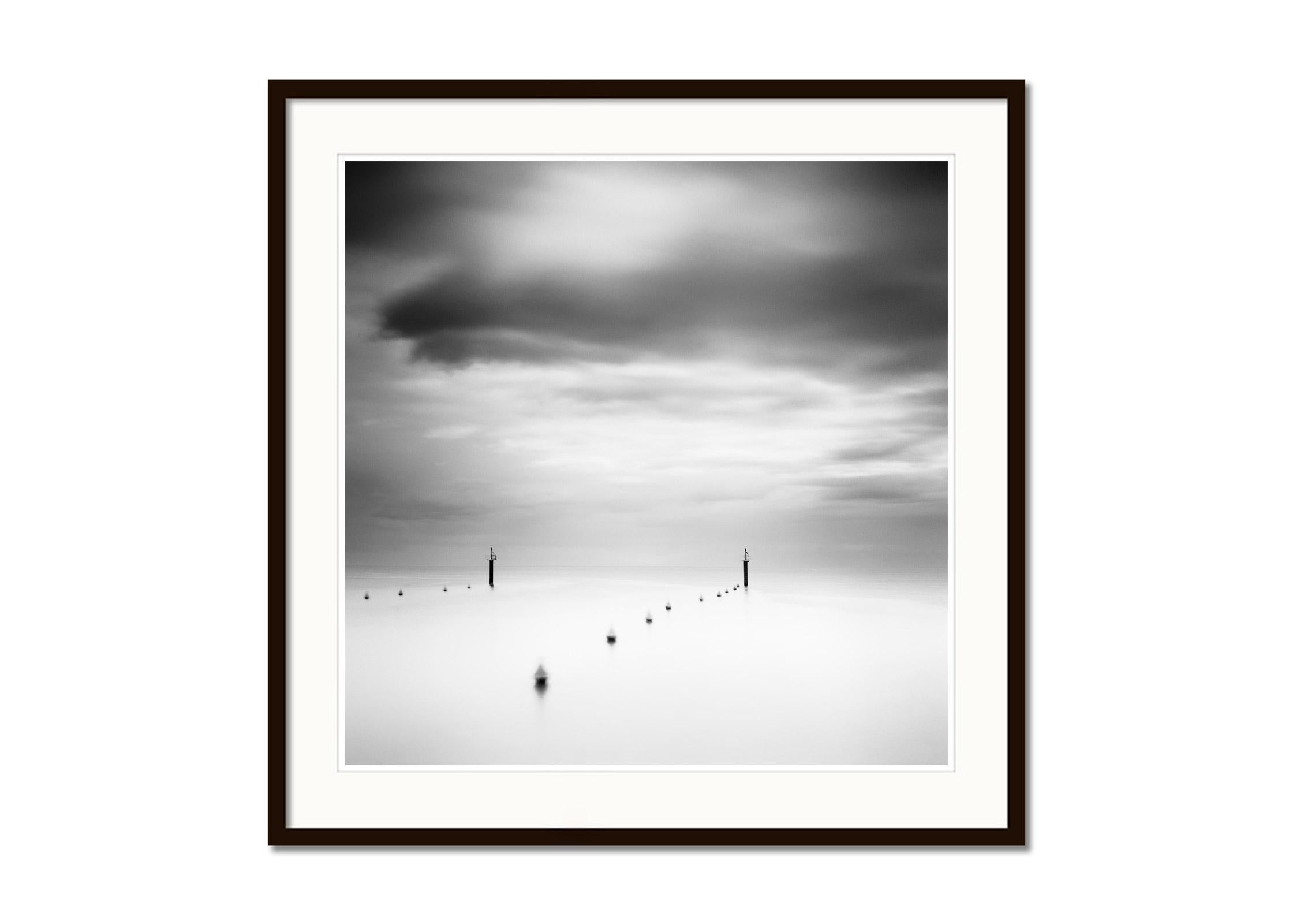 Storm in harbor exit, Greece, Black and White waterscape photography art print - Gray Landscape Photograph by Gerald Berghammer