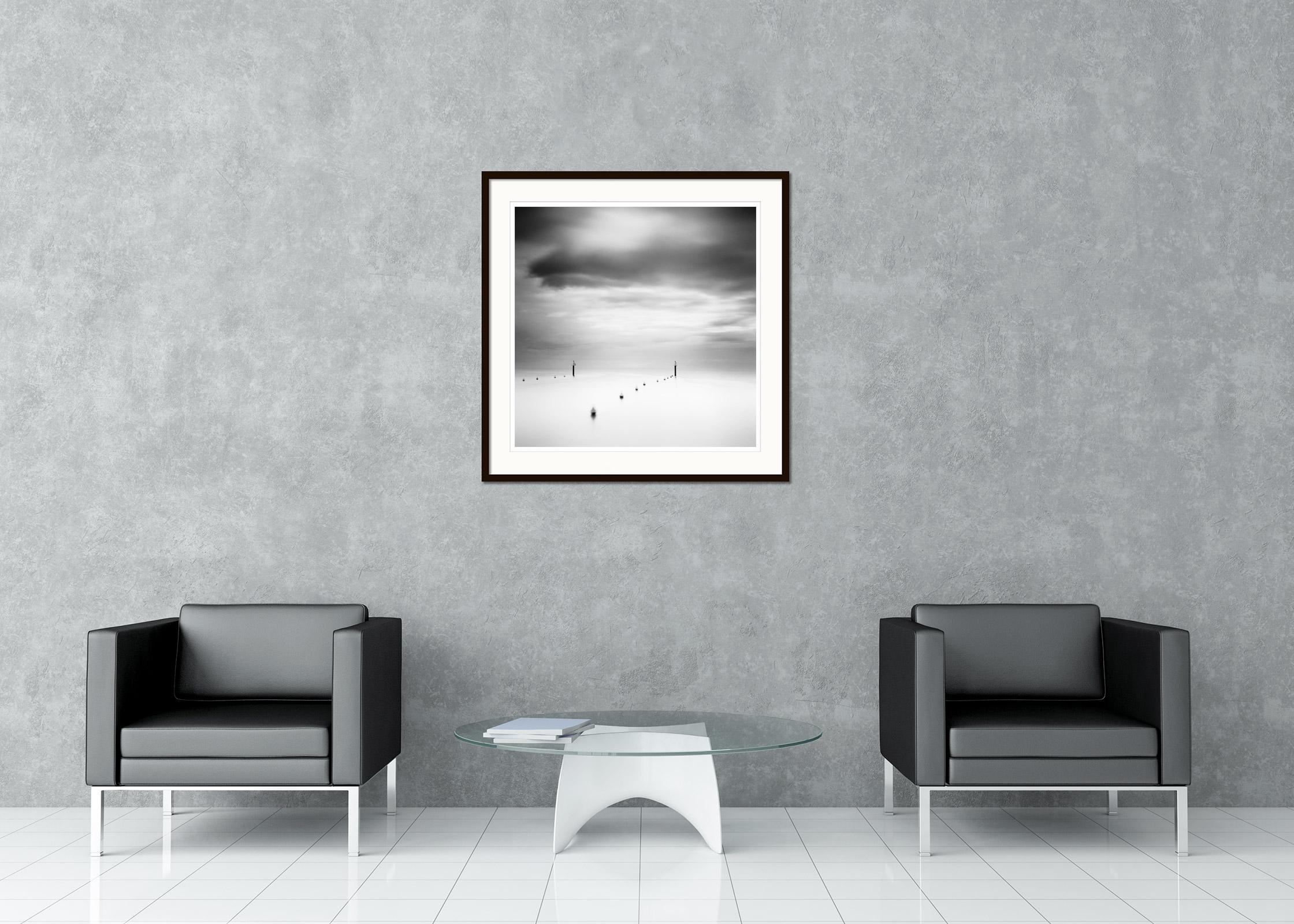Storm in harbor exit, Greece, Black and White waterscape photography art print For Sale 1