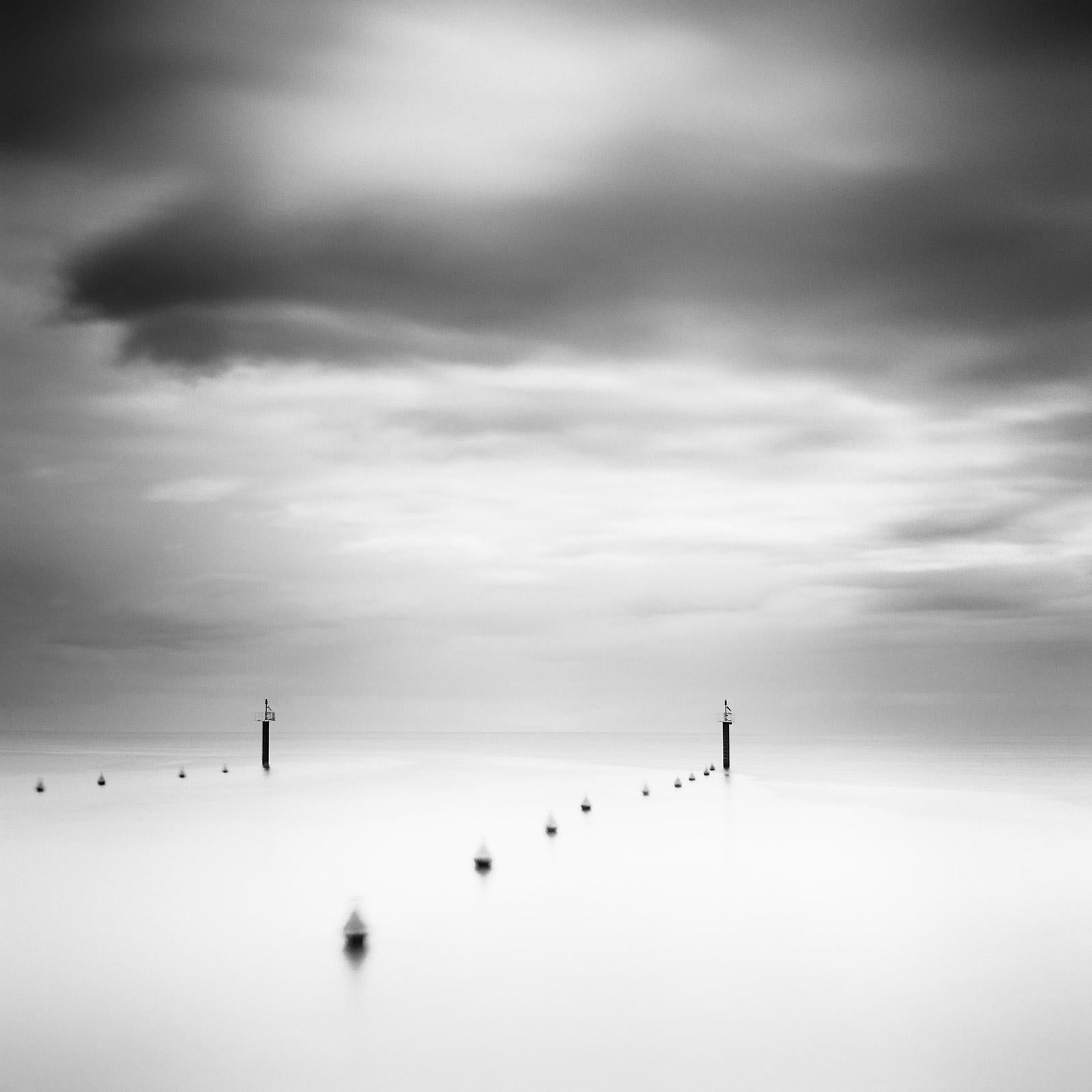 Gerald Berghammer Landscape Photograph - Storm in harbor exit, Greece, Black and White waterscape photography art print