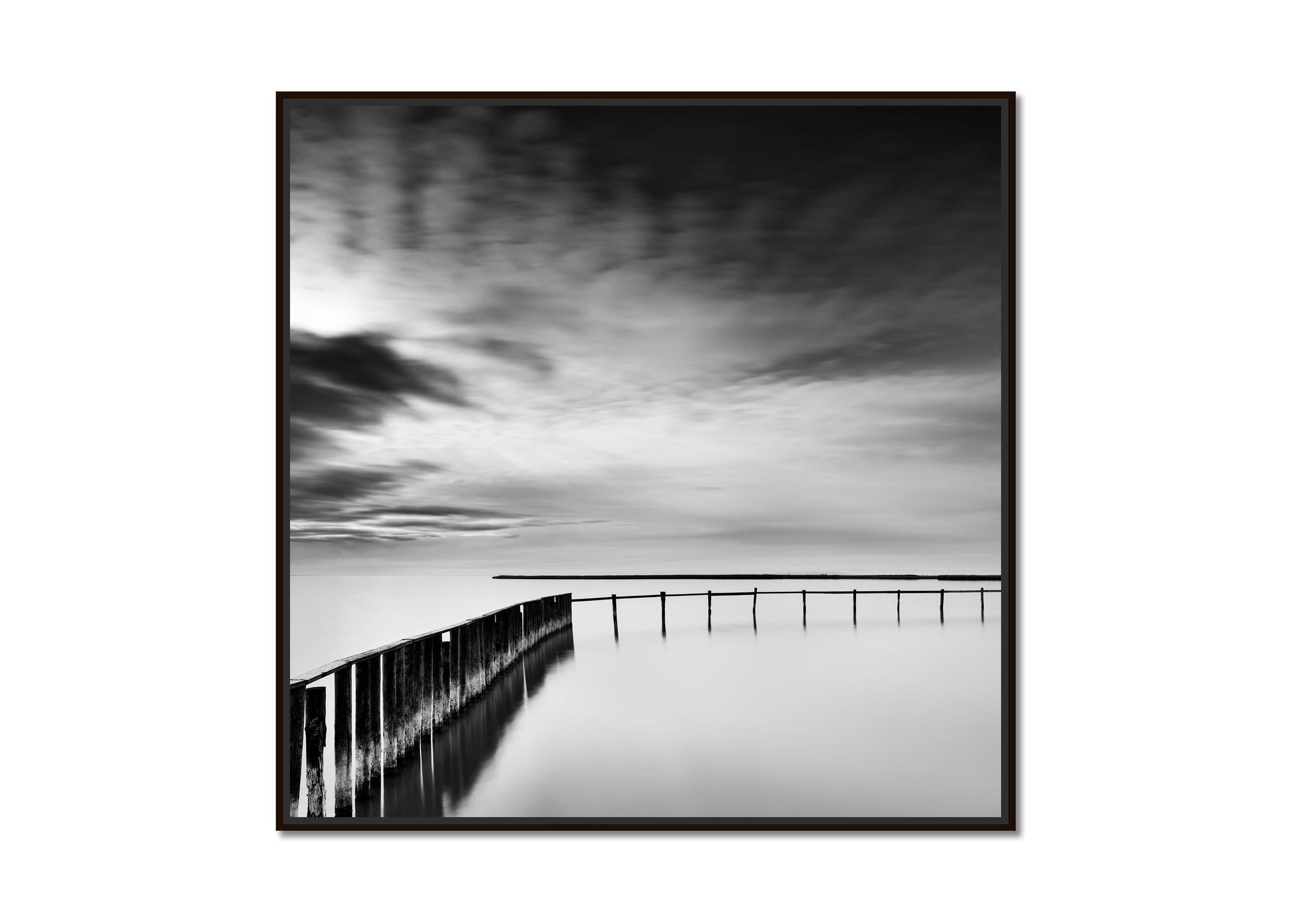 Swimming Area, cloudy, lake, black and white long exposure landscape photography - Photograph by Gerald Berghammer
