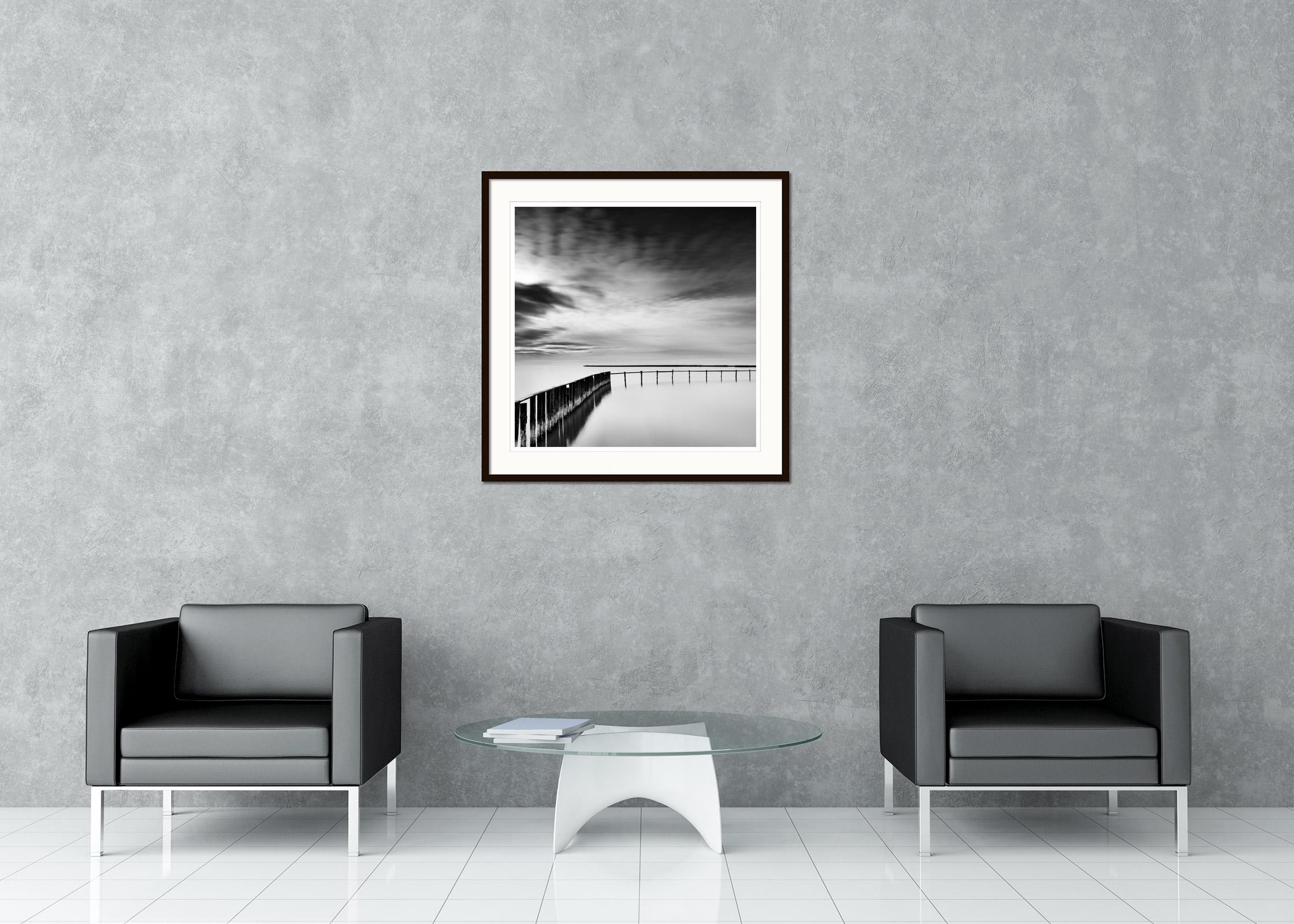 Swimming Area, cloudy, lake, black and white long exposure landscape photography For Sale 1