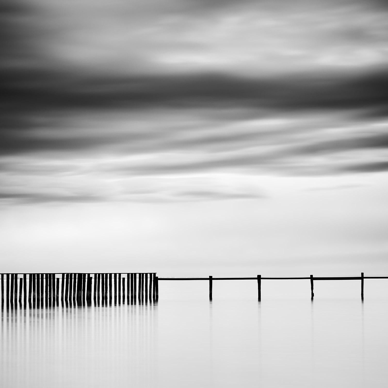 Gerald Berghammer Landscape Photograph - Swimming Area, cloudy, lake, black and white long exposure landscape photography