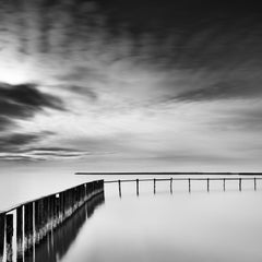 Swimming Area, cloudy, lake, black and white long exposure landscape photography