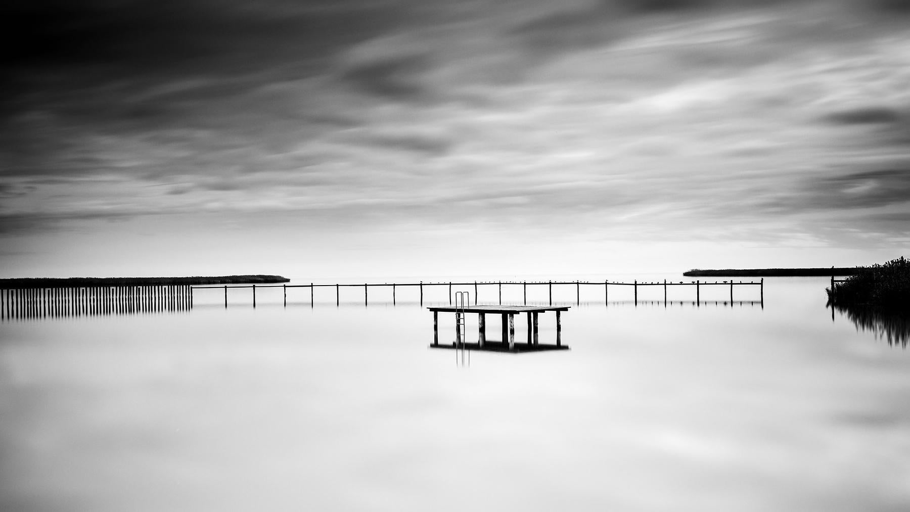 Gerald Berghammer Landscape Photograph - Swimming Area, panorama, black and white, long exposure, waterscape, photography
