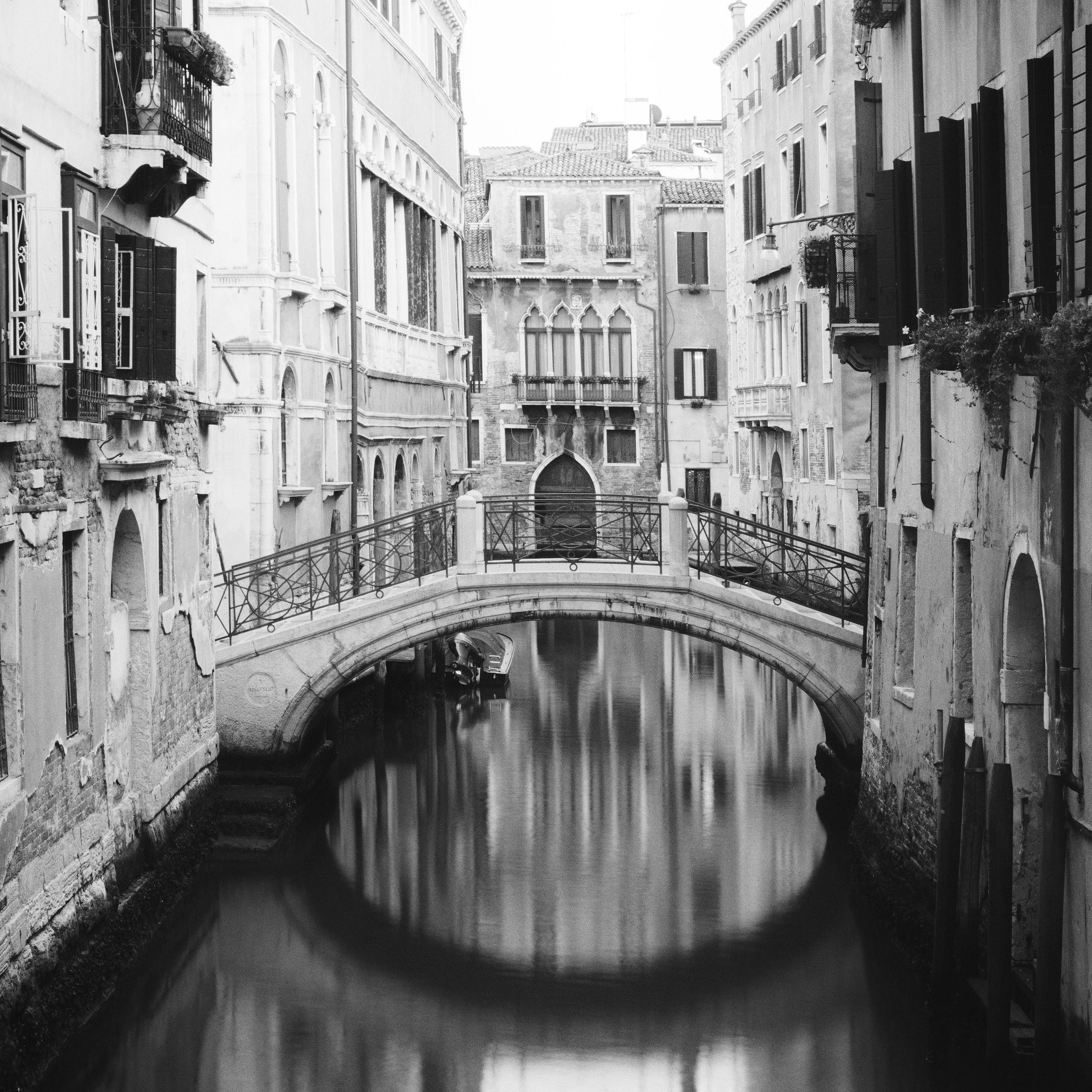 Black and White Fine Art landscape photography. Bridge on a quiet morning in a small canal in Venice, Italy. Archival pigment ink print, edition of 9. Signed, titled, dated and numbered by artist. Certificate of authenticity included. Printed with