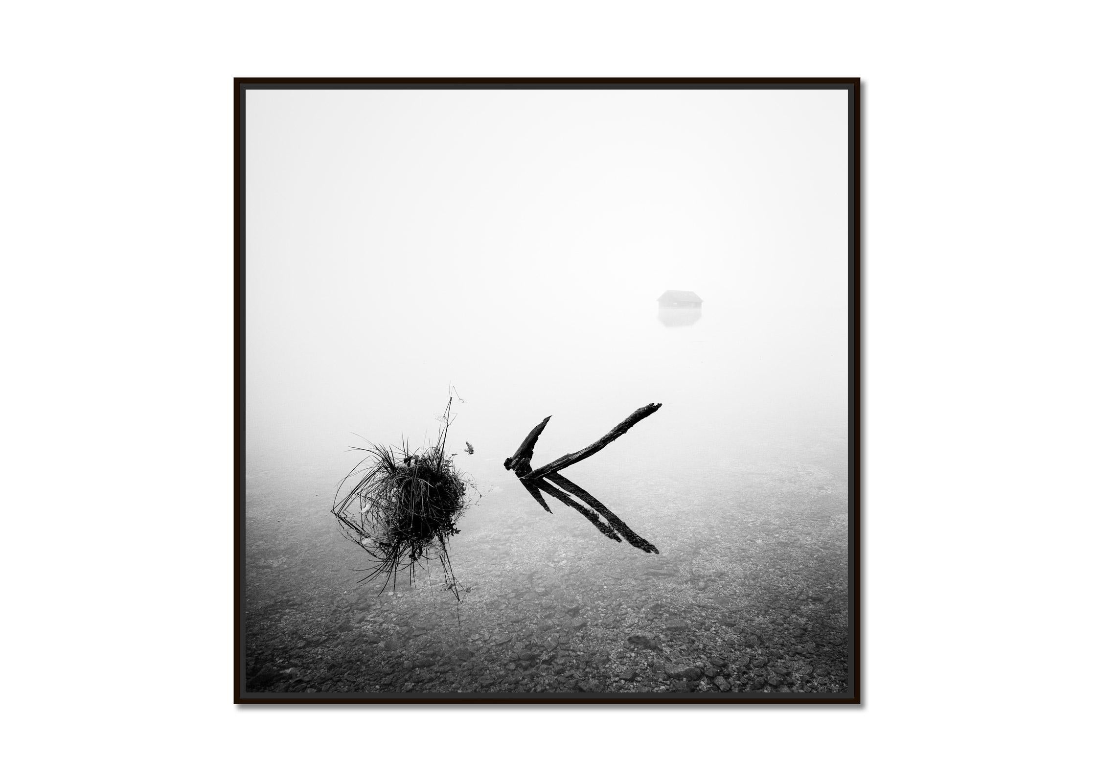 The Lake House, foggy morning, black and white fine art waterscape photography - Photograph by Gerald Berghammer