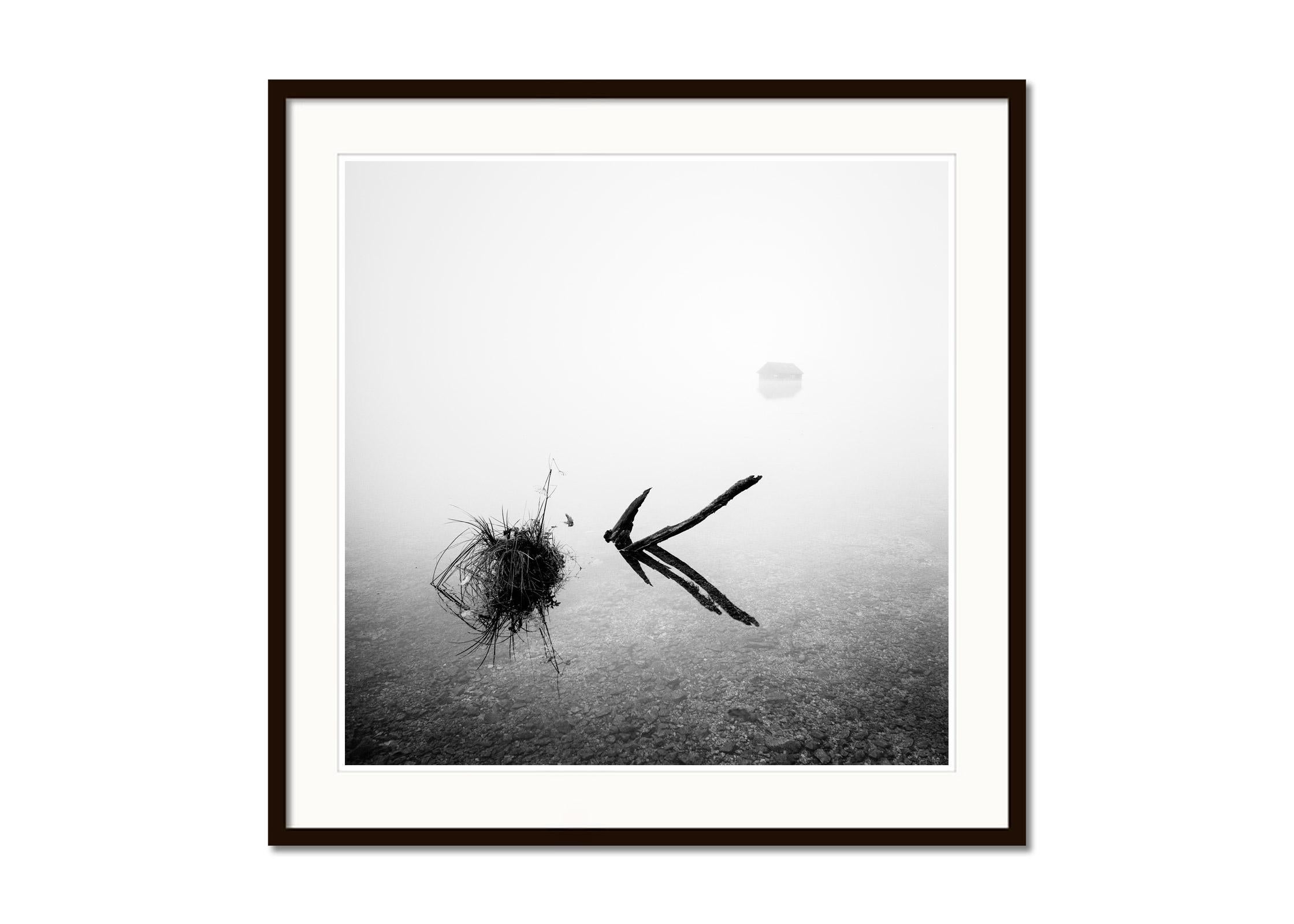 The Lake House, foggy morning, black and white fine art waterscape photography - Gray Landscape Photograph by Gerald Berghammer