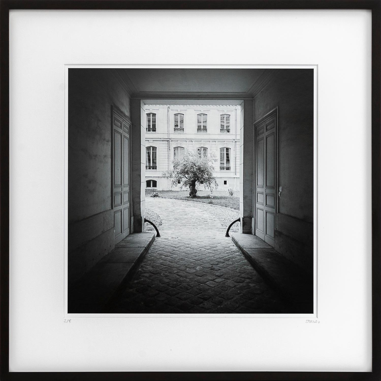 Gerald Berghammer Landscape Photograph – Tree in the Courtyard, Paris, Schwarz-Weiß-Fotografie, Pigmentdruck, gerahmt