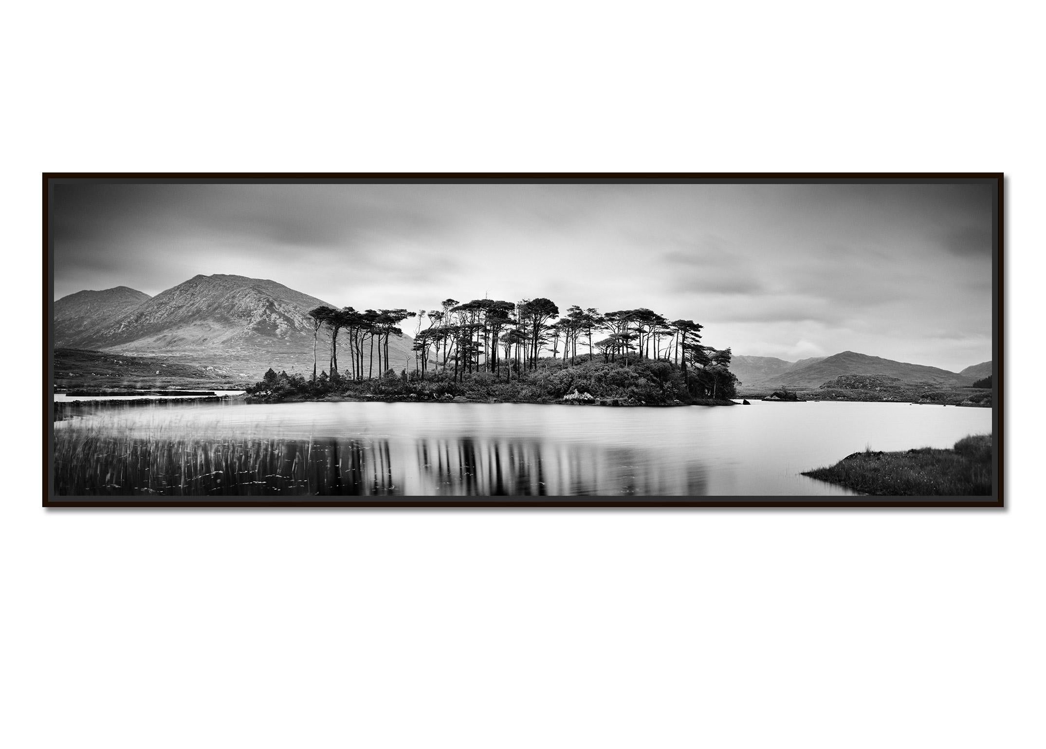 Tree Island Panorama, contemporary black and white art waterscape photo print - Photograph by Gerald Berghammer