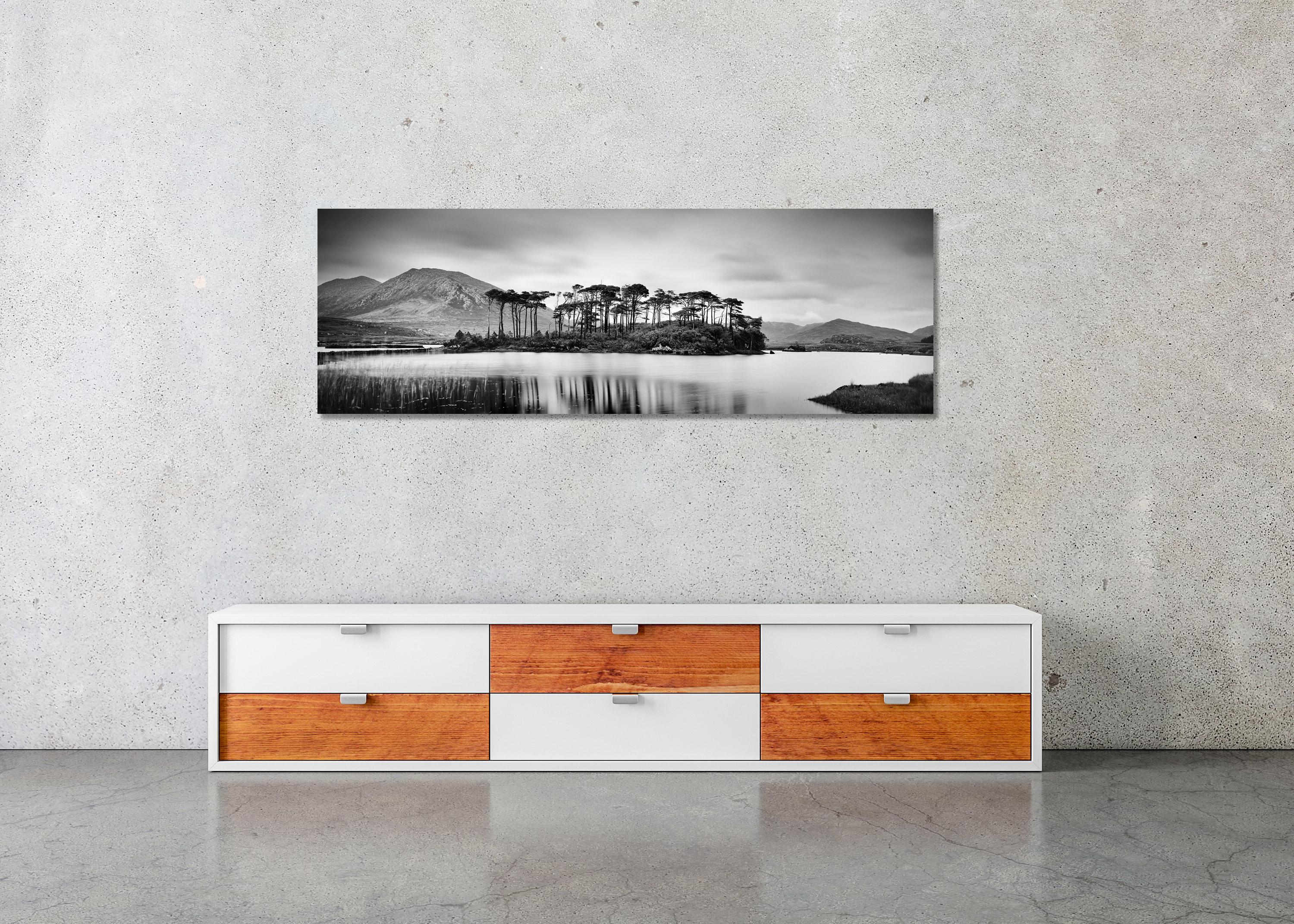Tree Island Panorama, contemporary black and white art waterscape photo print - Gray Black and White Photograph by Gerald Berghammer