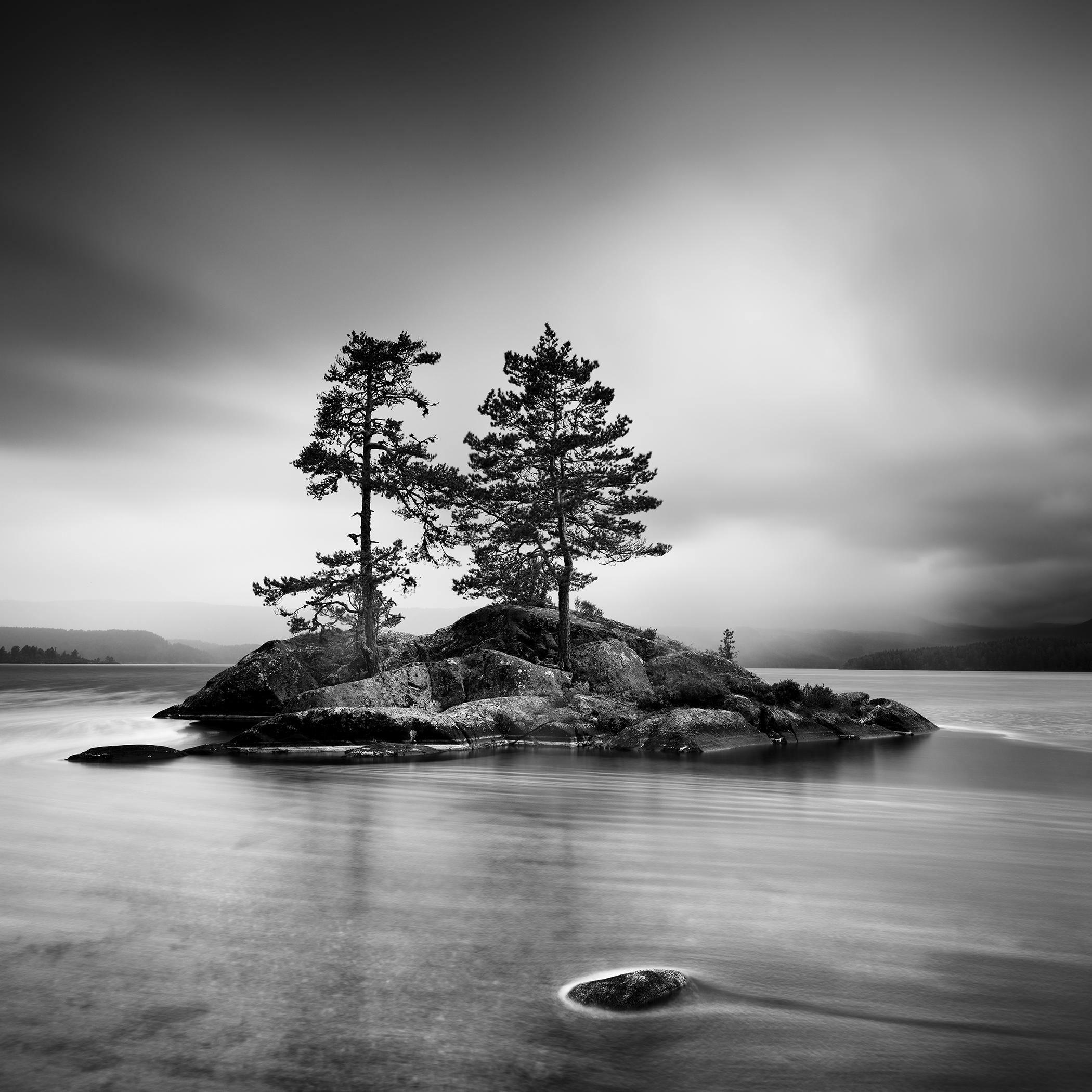 Trees on Rocky Island, Norway – Long Exposure Black and White Waterscape Limited