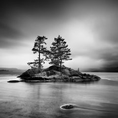 Arbres sur l'île Rocky, Norvège - Longue exposition en noir et blanc Paysage aquatique limité