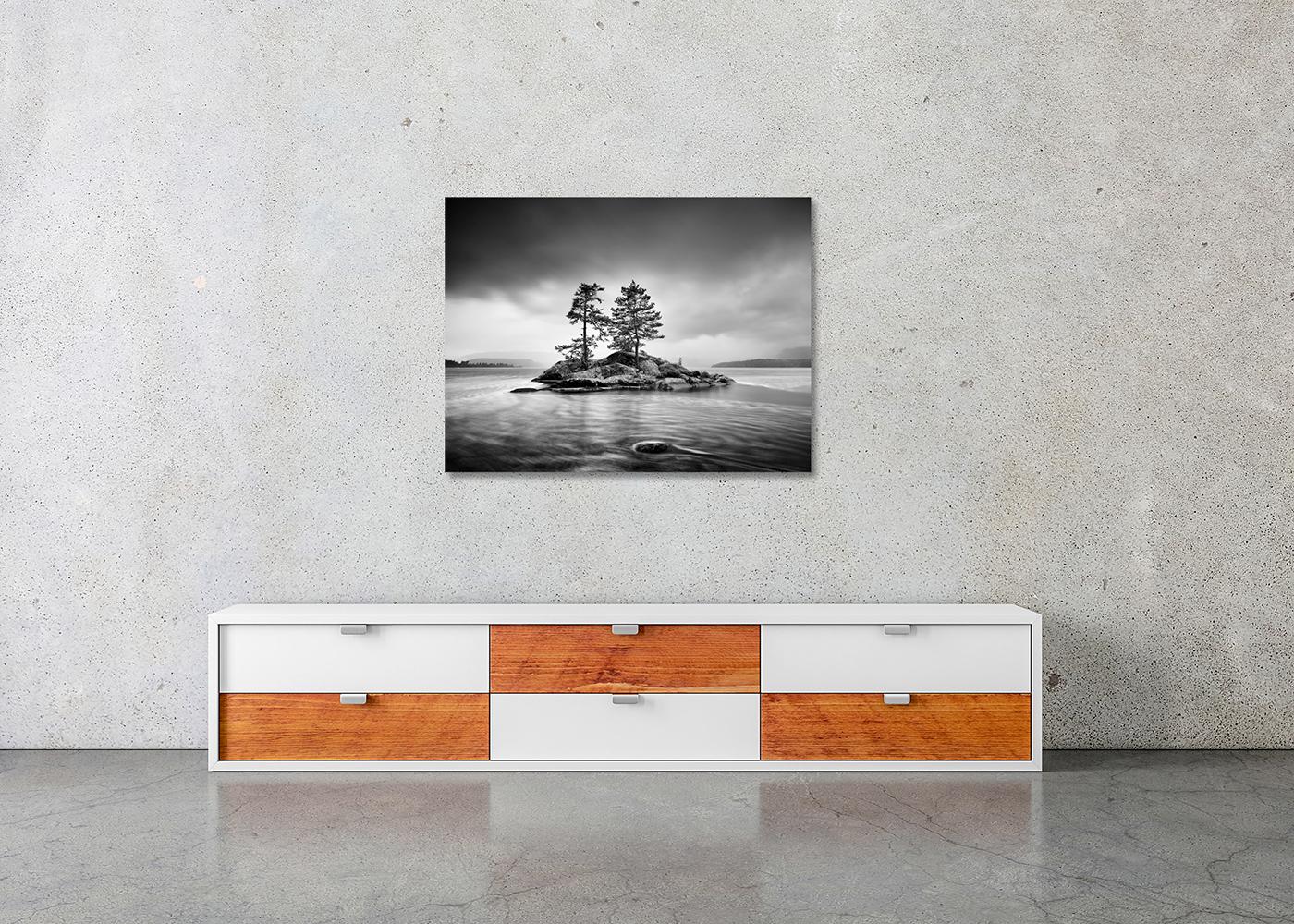 Trees on Rocky Island, Sturm Wetter, monochrome Fotografie, limitierte Auflage im Angebot 1