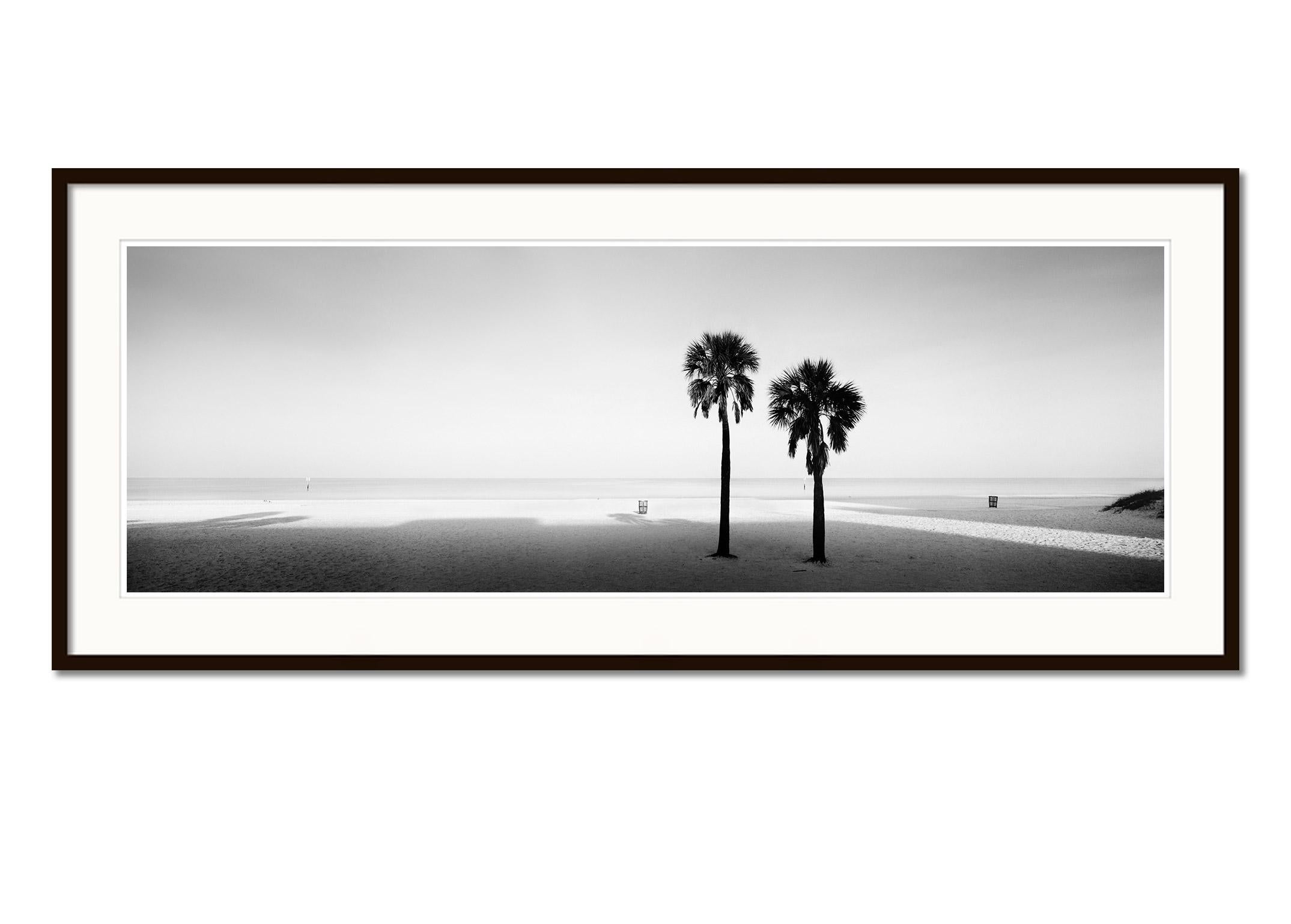 Black and white fine art panorama photography print. Two palm trees on the beautiful beach in Florida, USA. Archival pigment ink print, edition of 7. Signed, titled, dated and numbered by artist. Certificate of authenticity included. Printed with