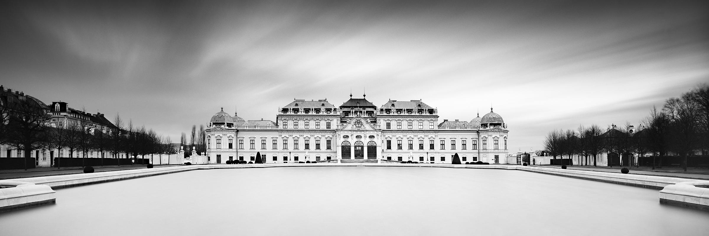 Panorama del palacio Belvedere superior, Viena, fotografía de paisaje en blanco y negro