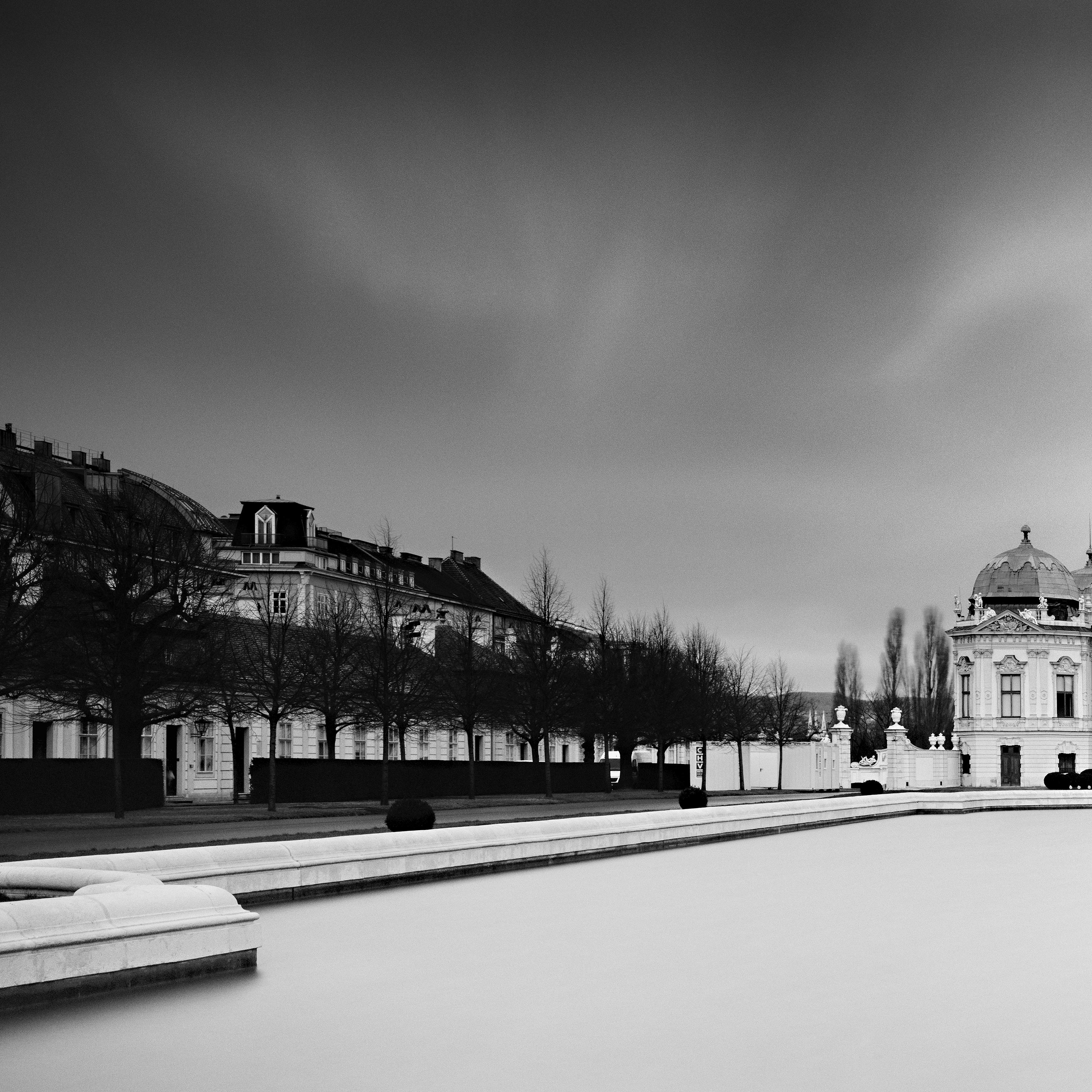 Black and White Fine Art landscape photography. Belvedere palace with water fountain during a storm, Vienna, Austria. Archival pigment ink print, edition of 9. Signed, titled, dated and numbered by artist. Certificate of authenticity included.