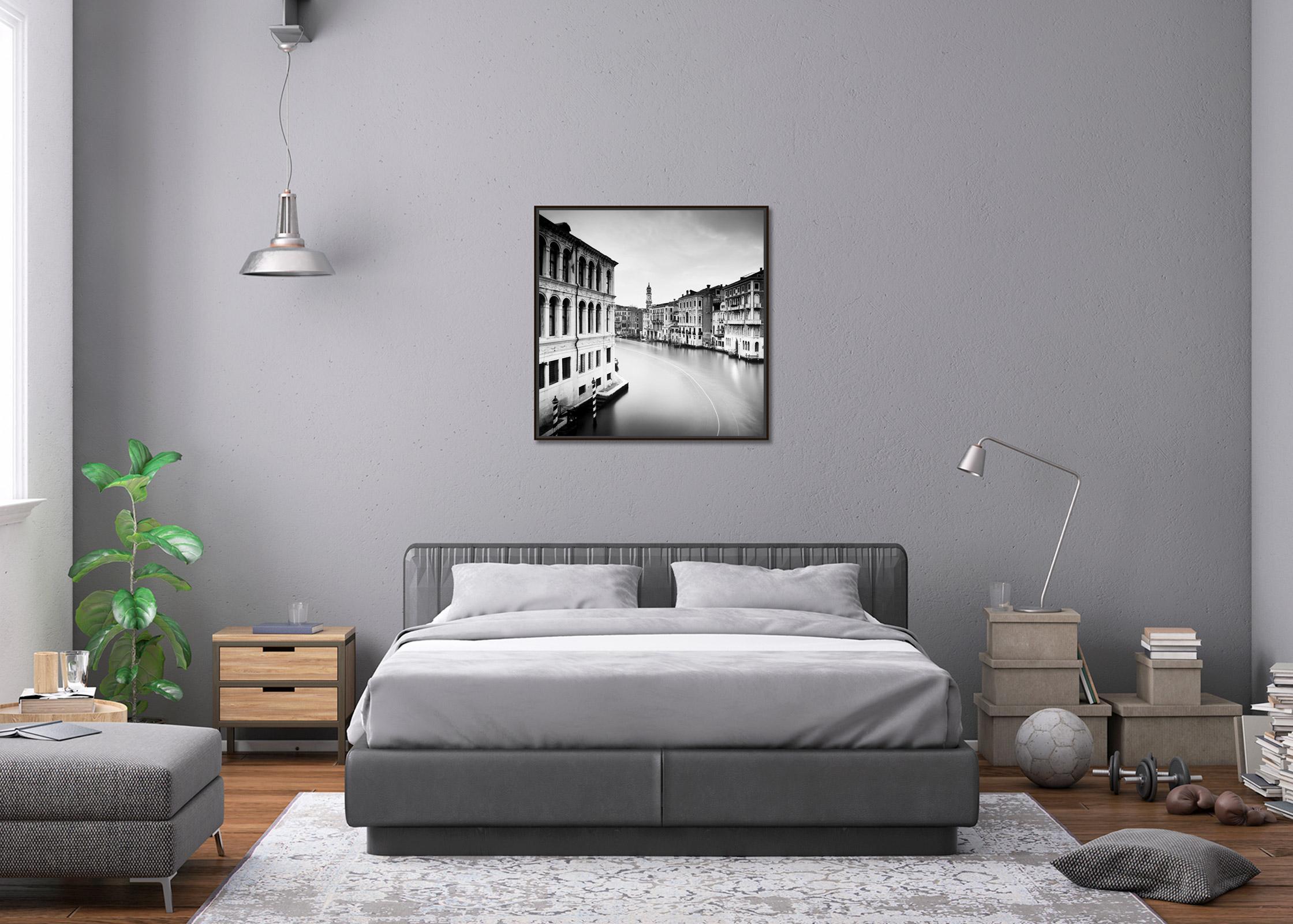 Black and white fine art landscape - cityscape - waterscape photography. View from the rialto bridge into the grand canal of Venice, Italy. Archival pigment ink print, edition of 9. Signed, titled, dated and numbered by artist. Certificate of