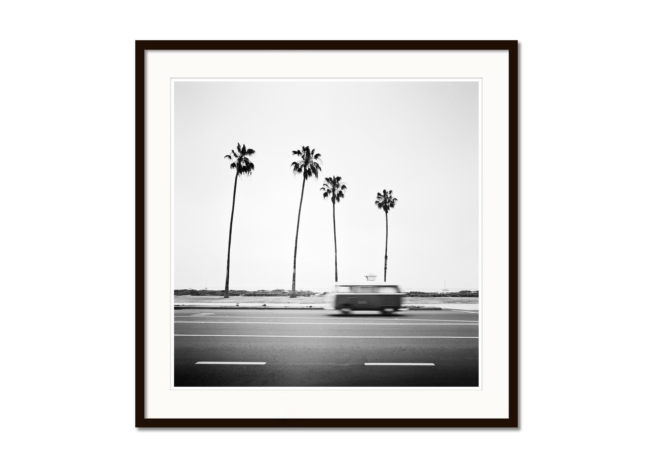VW Bus T2, Santa Barbara, California, black and white, landscape, photography - Gray Black and White Photograph by Gerald Berghammer