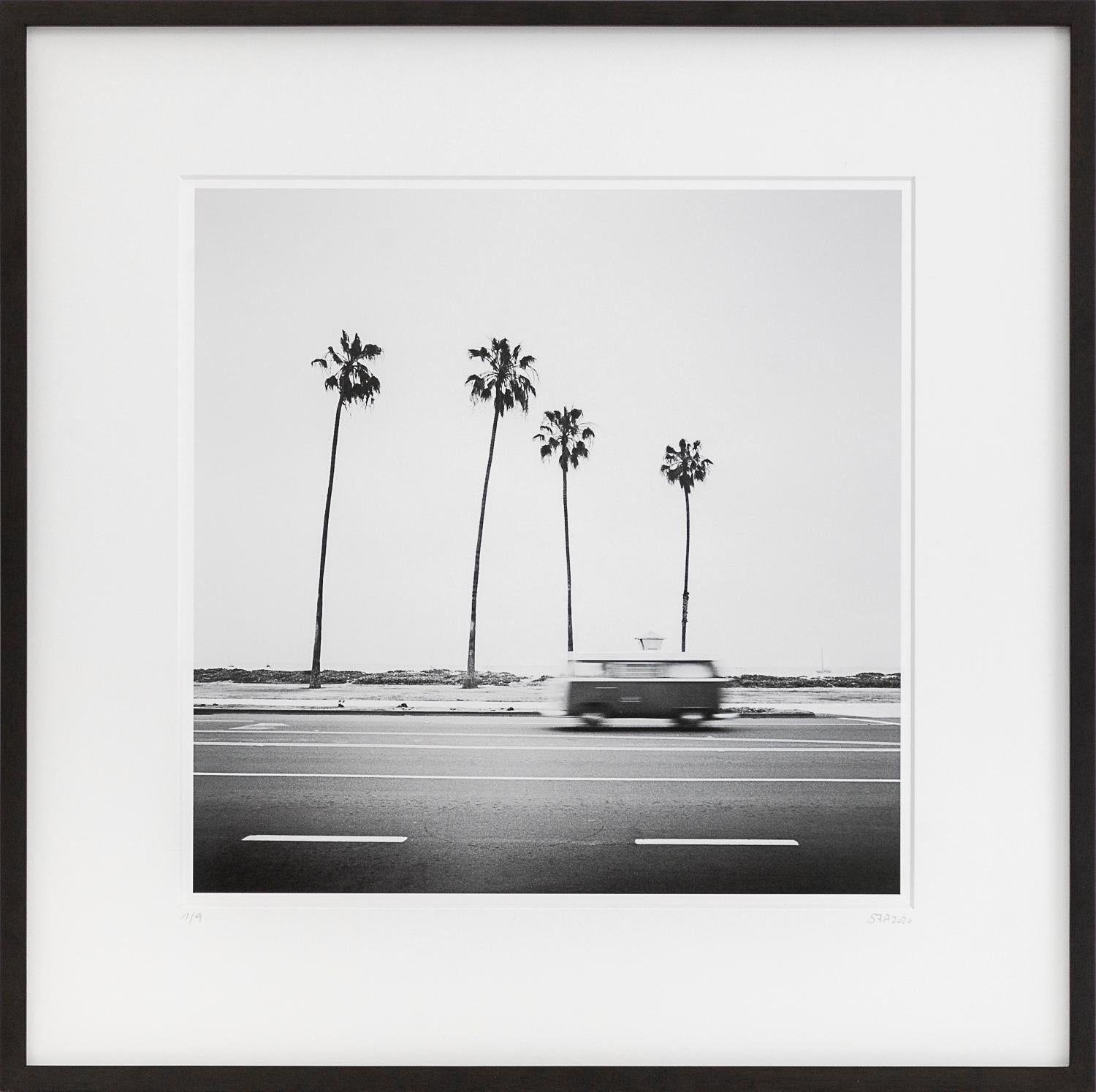 Gerald Berghammer Landscape Photograph - VW Bus T2, Santa Barbara, USA, black & white photography, pigment print, framed