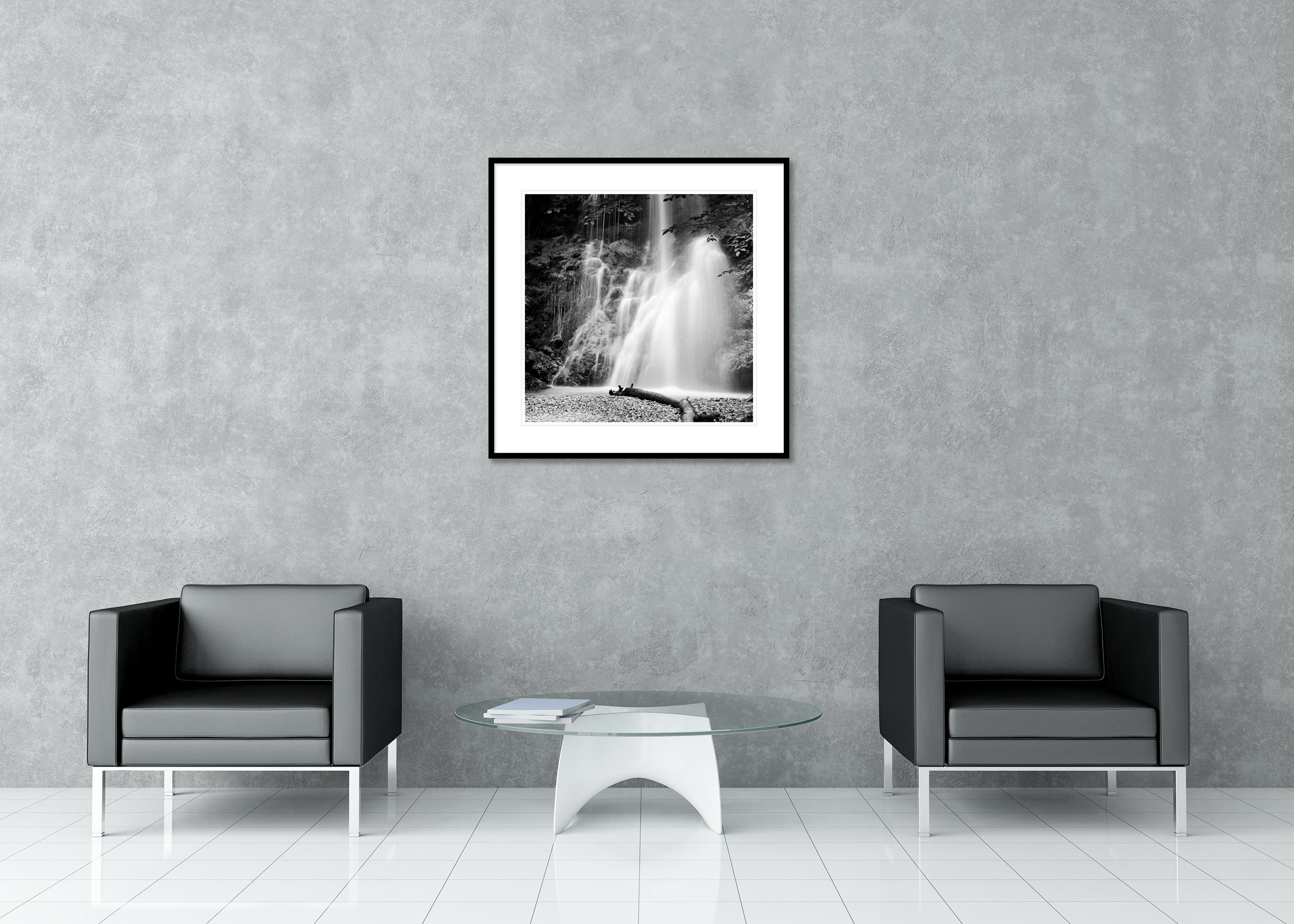 Waterfall Bavaria Germany, black and white photography fine art landscape - Gray Black and White Photograph by Gerald Berghammer