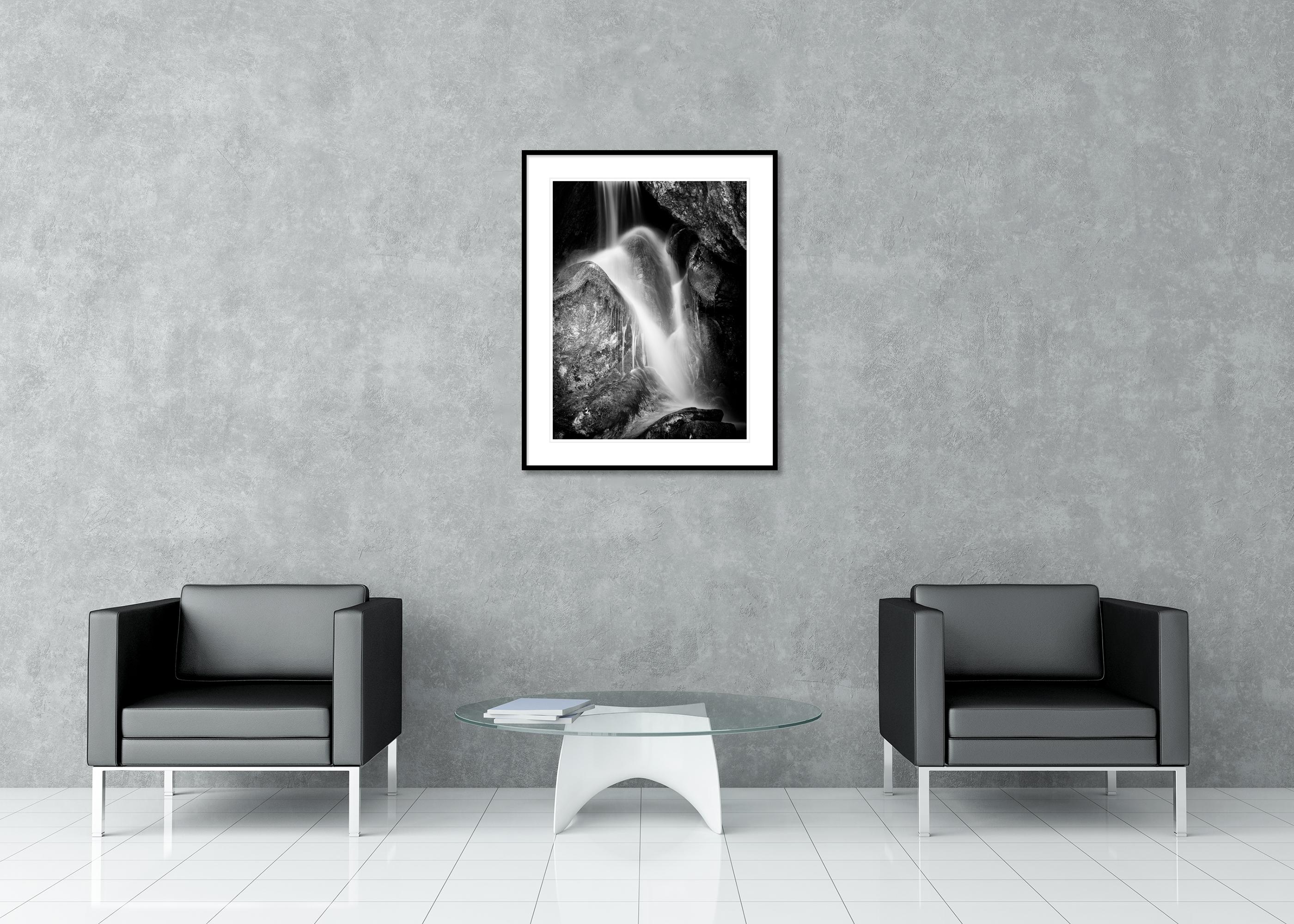 Black and white fine art long exposure waterscape - landscape photography print. Waterfall detail with stones and rocks, long exposure. Archival pigment ink print, edition of 7. Signed, titled, dated and numbered by artist. Certificate of