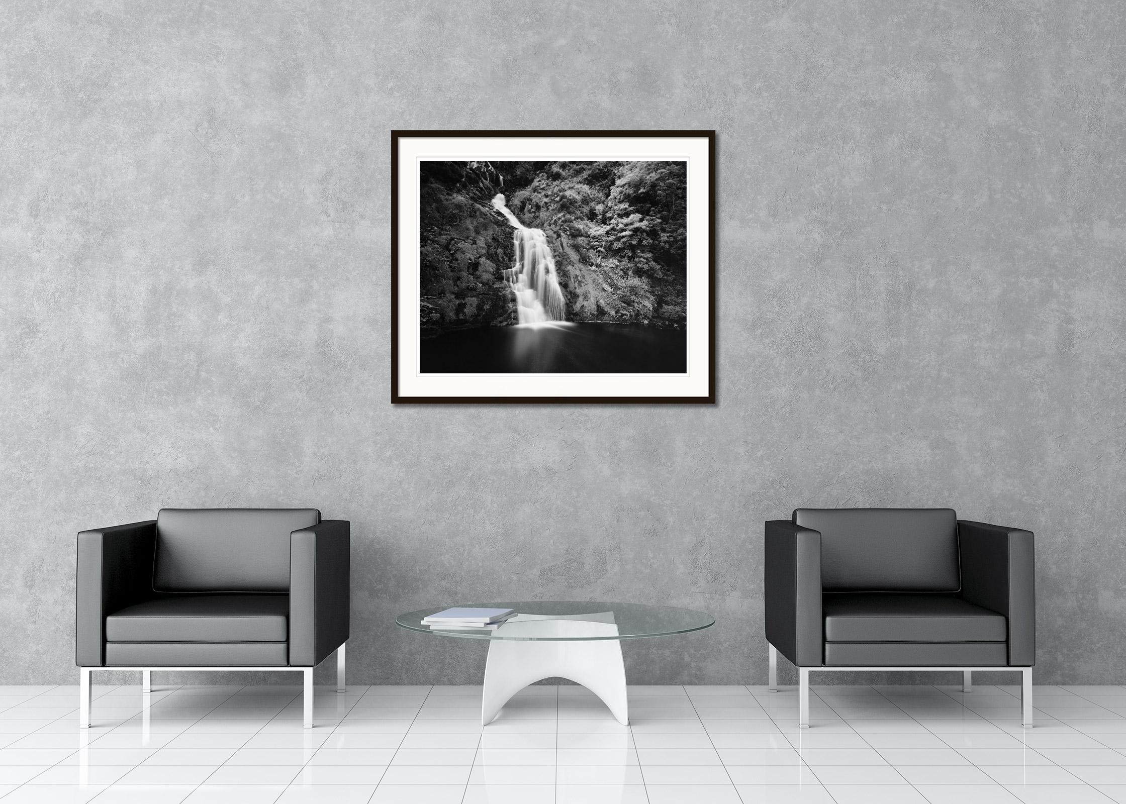 Waterfall, Ireland, black and white art photography, waterscape, long exposure  - Black Landscape Photograph by Gerald Berghammer