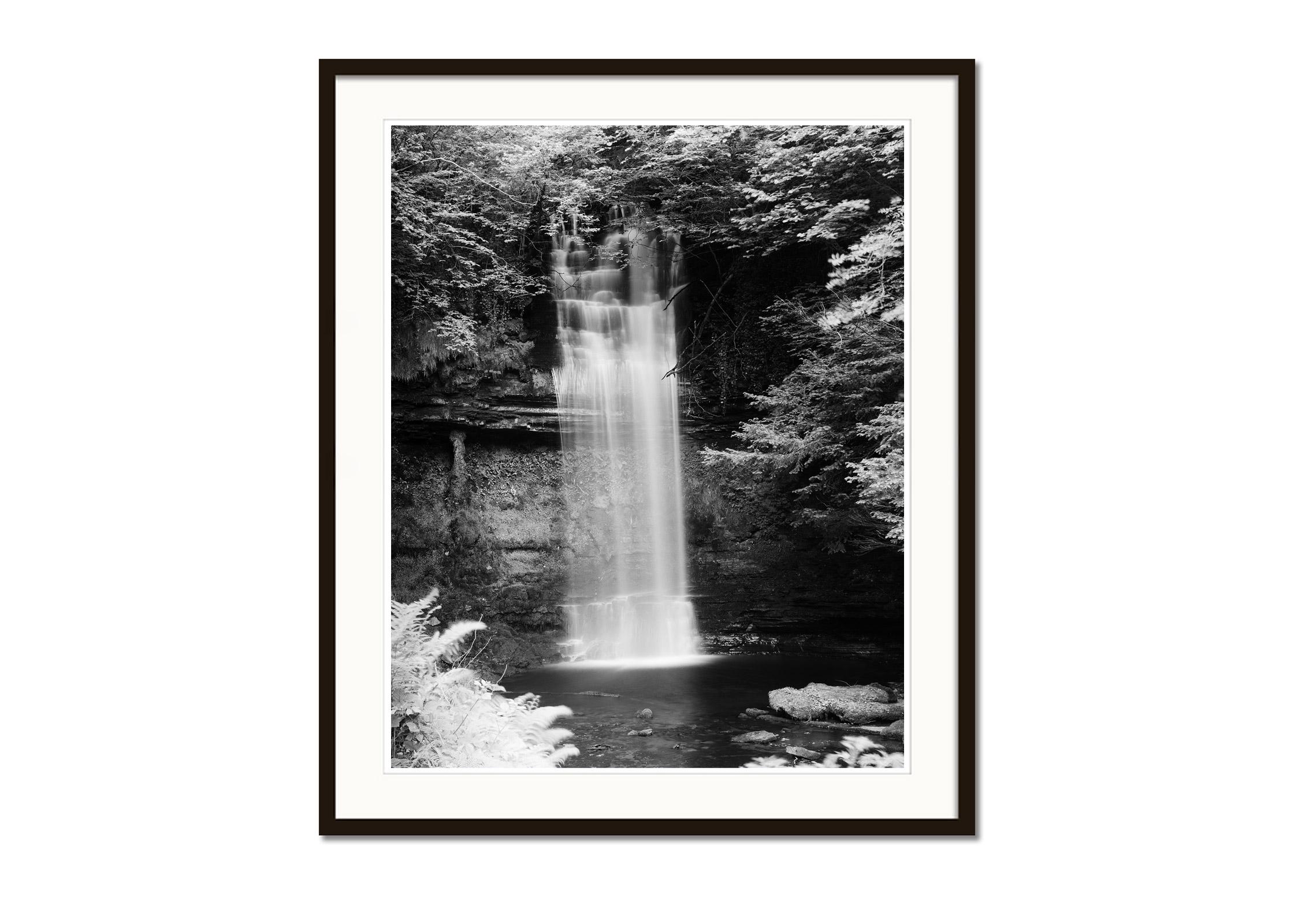 Waterfall, Ireland, black and white photography, waterscape, long exposure, art - Black Black and White Photograph by Gerald Berghammer