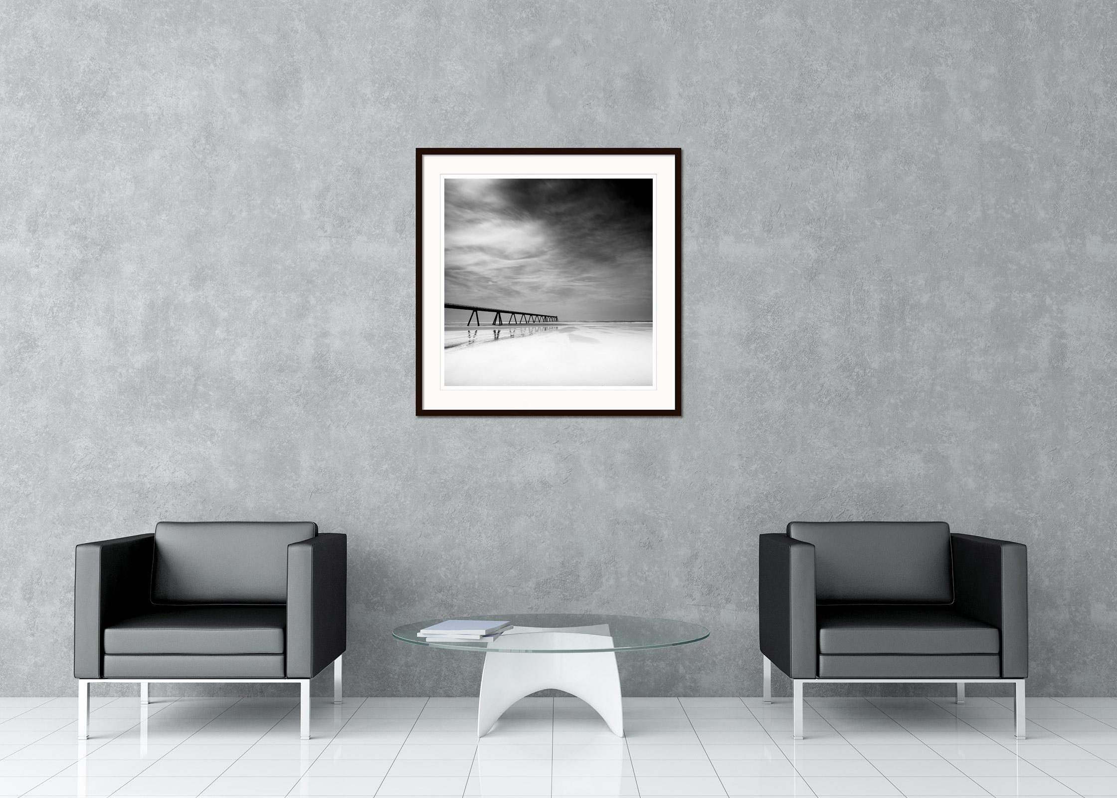 Wharf de la Salie, deserted beach, France, black and white landscape photography For Sale 1