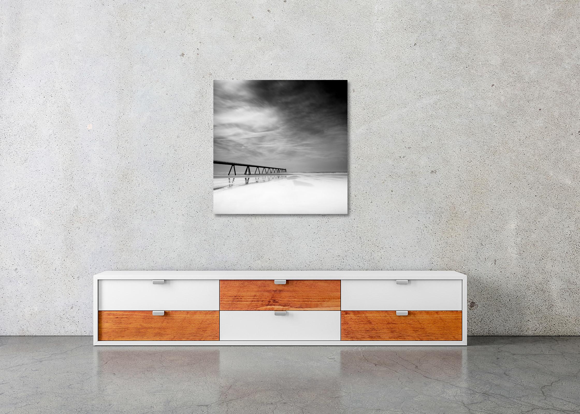 Wharf de la Salie, deserted beach, France, black and white landscape photography For Sale 2
