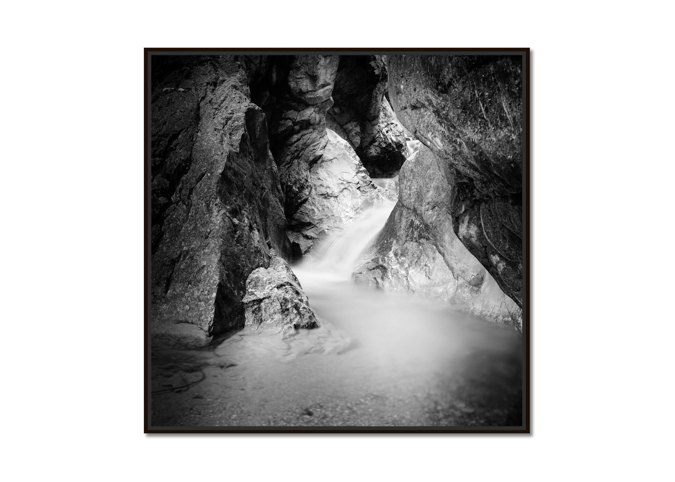 Wild Water Canyon, mountain stream, waterfall, black and white waterscape print - Photograph by Gerald Berghammer