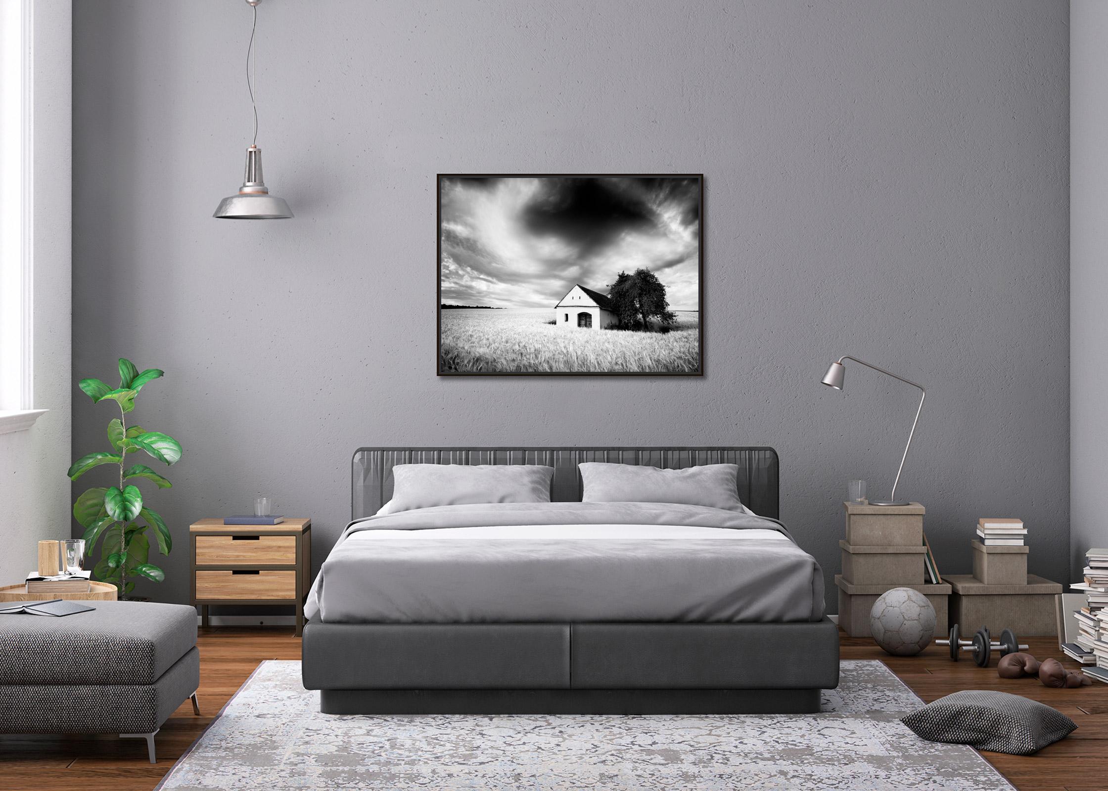 Wine Press House, wheat field, heavy clouds, black & white landscape photography For Sale 1
