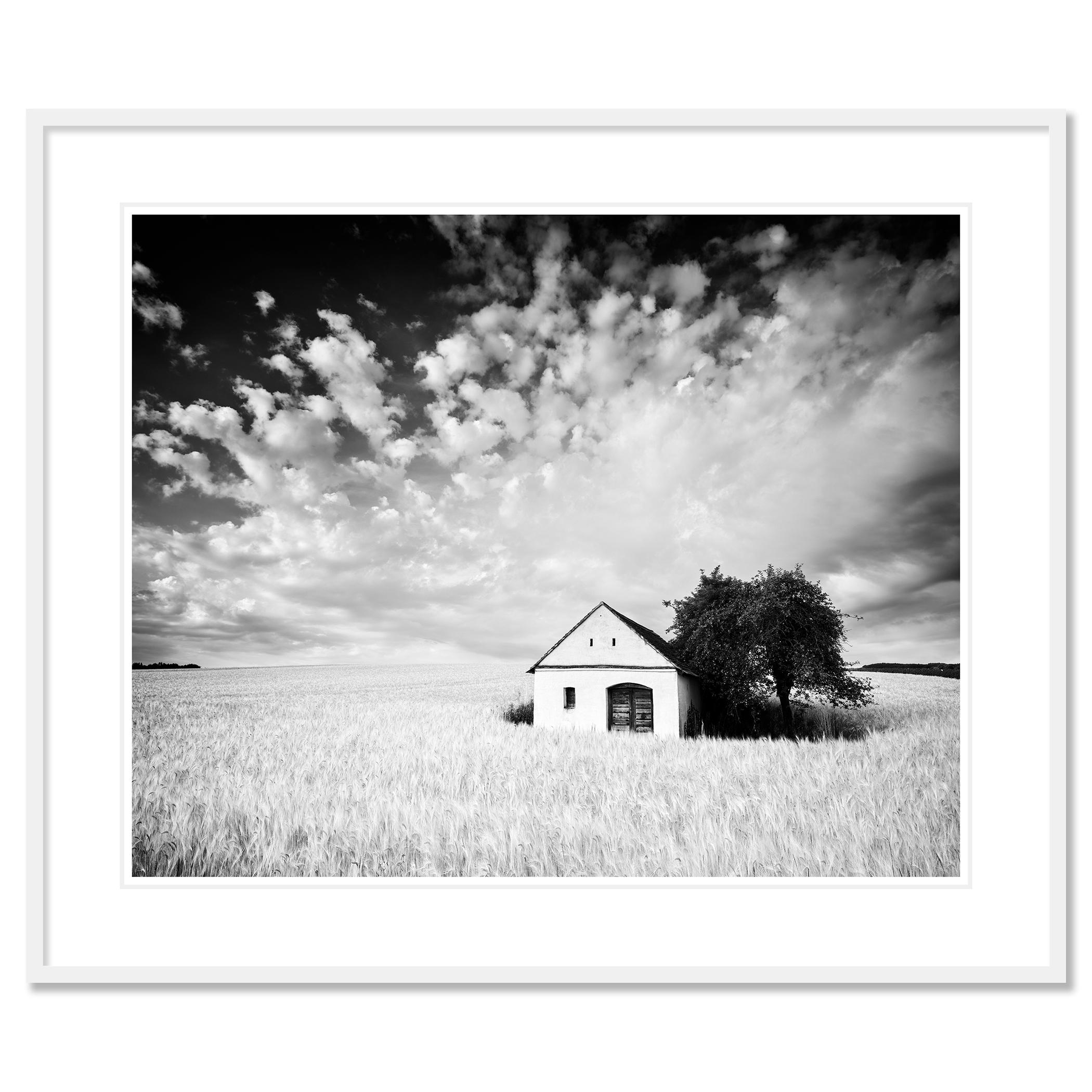Photographie d'art de paysage en noir et blanc. Pressoir à vin dans un champ de blé, beaux nuages, orage, Autriche. Épreuve à l'encre pigmentaire d'archives, édition de 7 exemplaires. Signée, titrée, datée et numérotée par l'artiste. Certificat