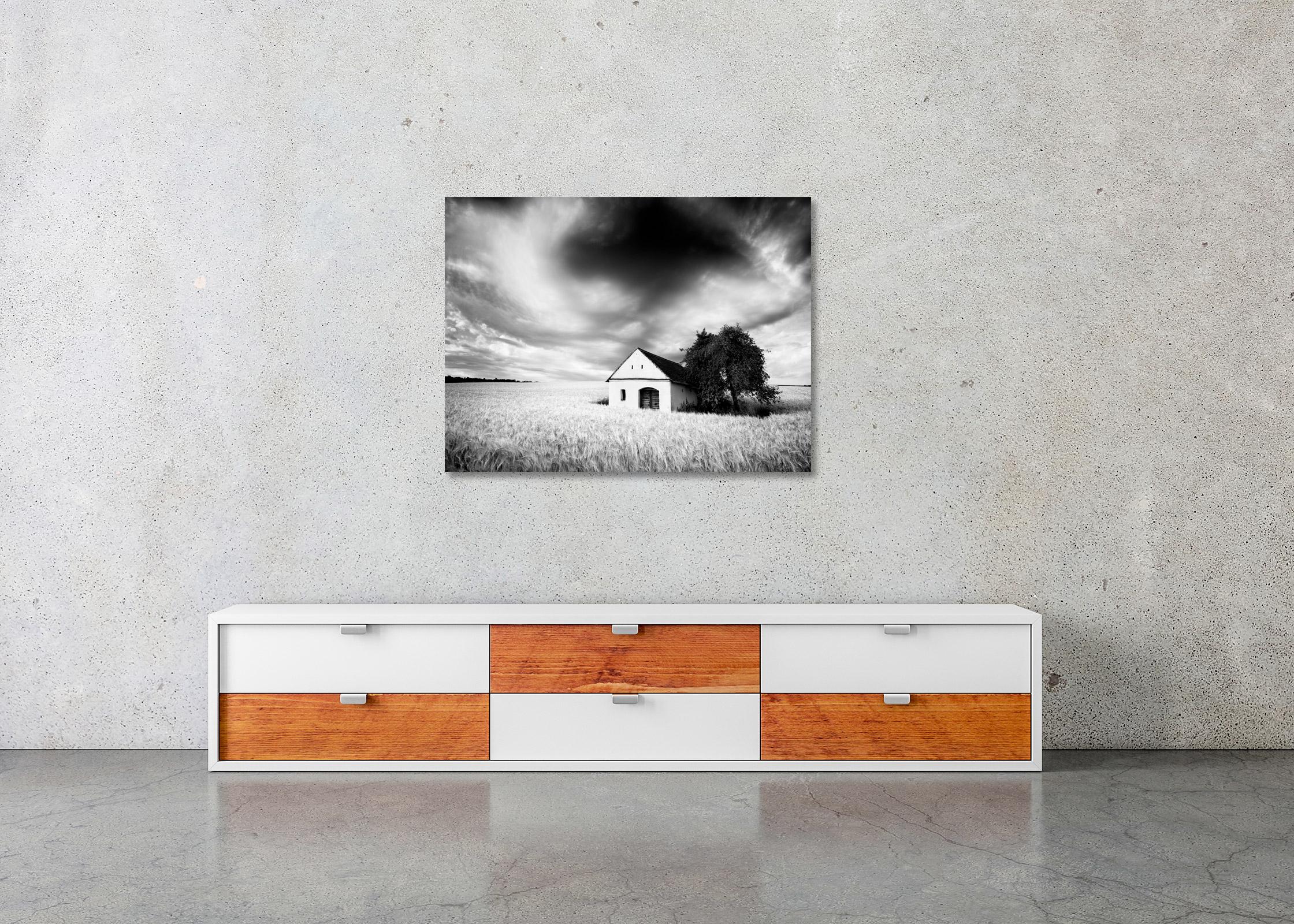 Black and white fine art landscape photography. Wine press house in wheat field, heavy clouds, storm, Austria. Archival pigment ink print, edition of 7. Signed, titled, dated and numbered by artist. Certificate of authenticity included. Printed with