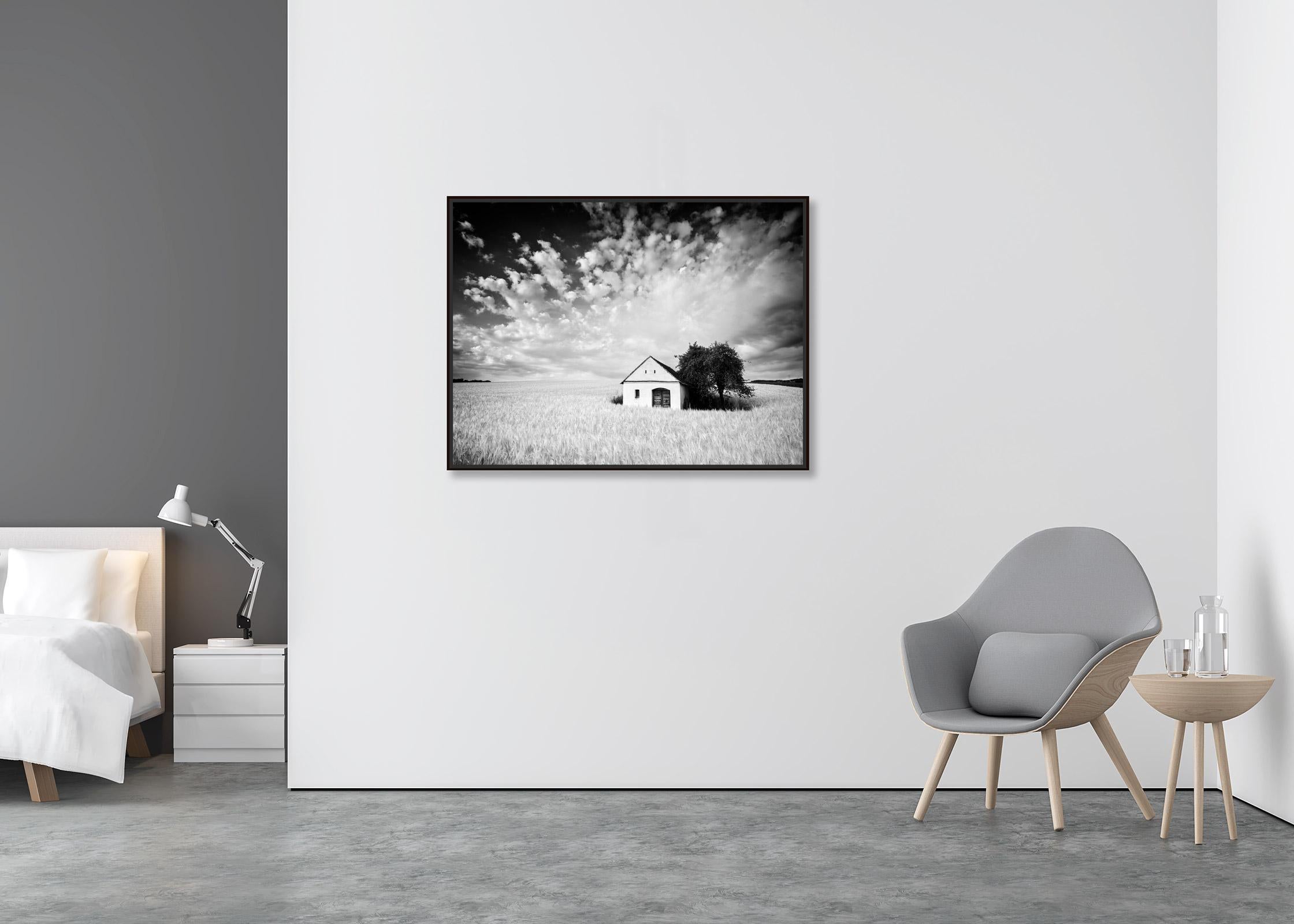 Farm Hut, Cornfield, giant Clouds, black and white photography, landscape, art - Contemporary Photograph by Gerald Berghammer