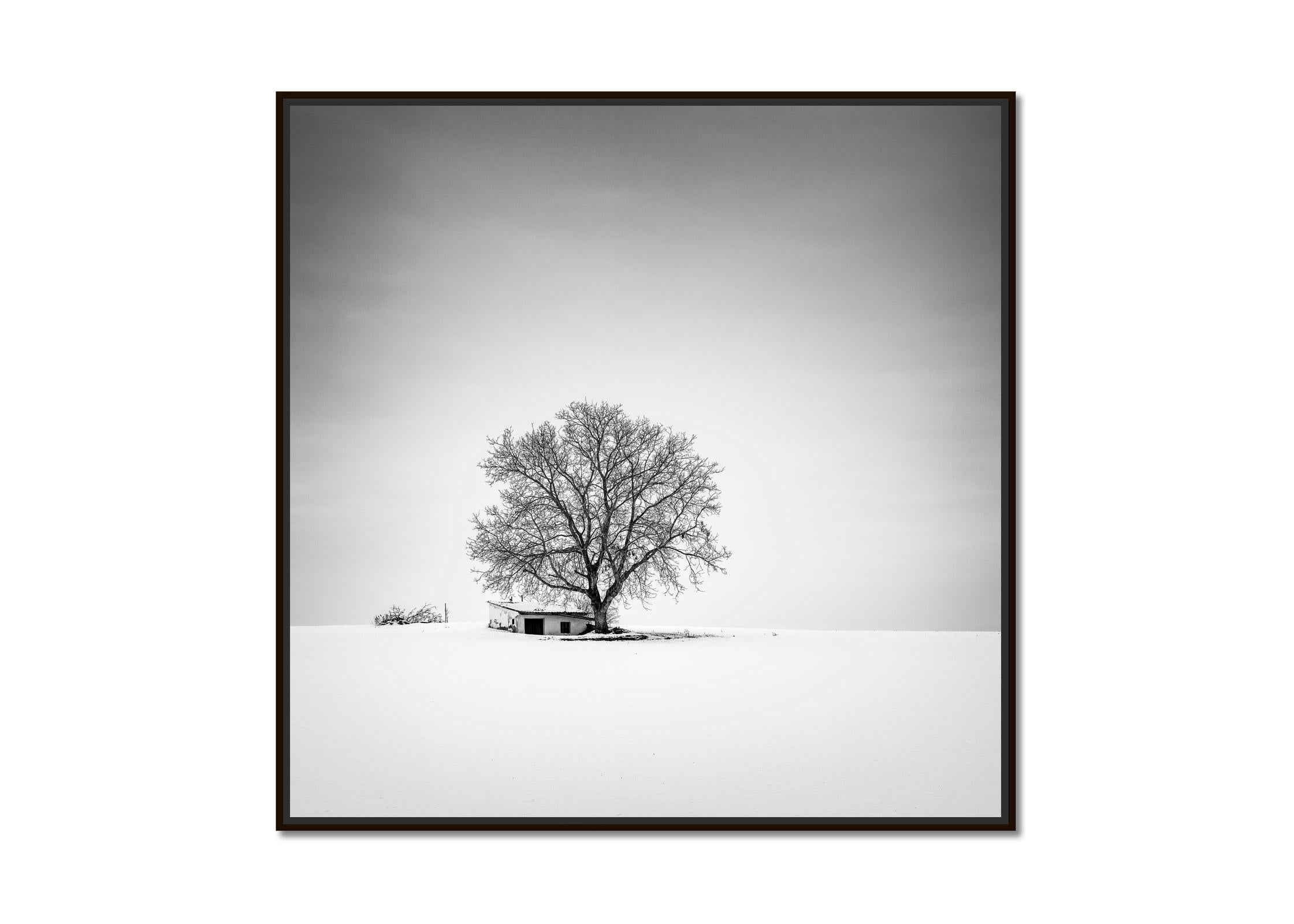 Wine Press House, snow, winter, black and white fine art landscape photography - Photograph by Gerald Berghammer