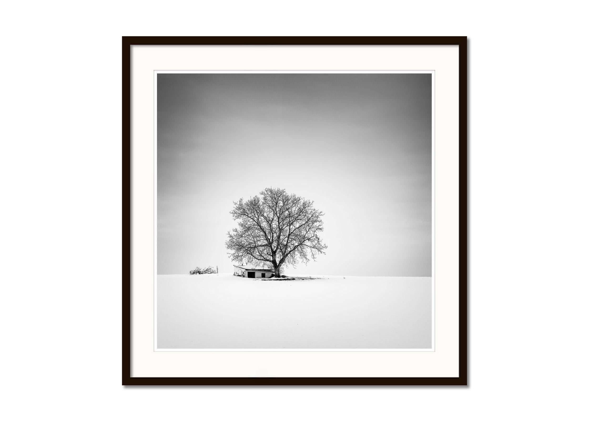 Wine Press House, snow, winter, black and white fine art landscape photography - Contemporary Photograph by Gerald Berghammer